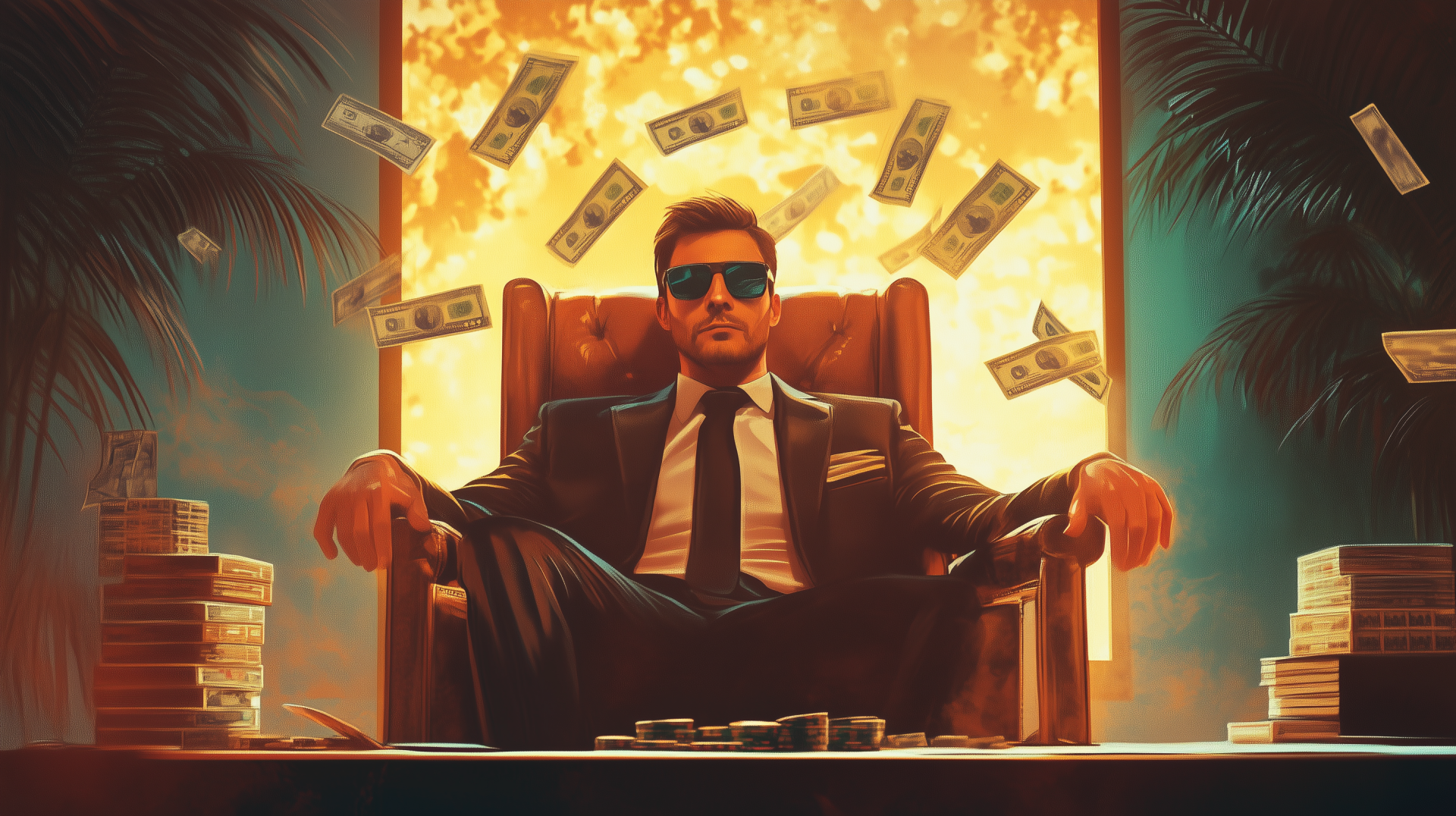 HD PC wallpaper of a confident billionaire businessman in a suit and sunglasses, sitting in a chair surrounded by flying money and stacks of cash.