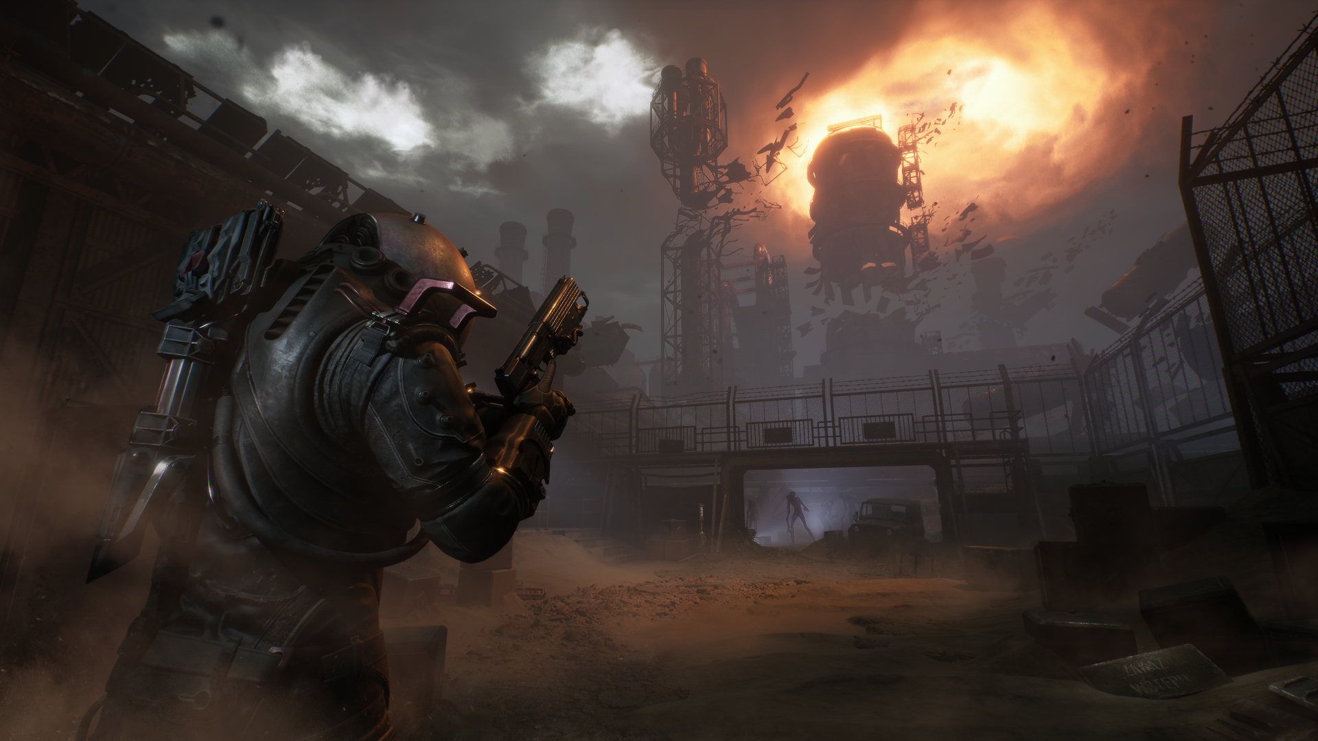 4K Ultra HD PC wallpaper from the video game Cronos: The New Dawn, featuring a dark industrial scene with a heavily armored figure aiming a weapon at a fiery explosion.