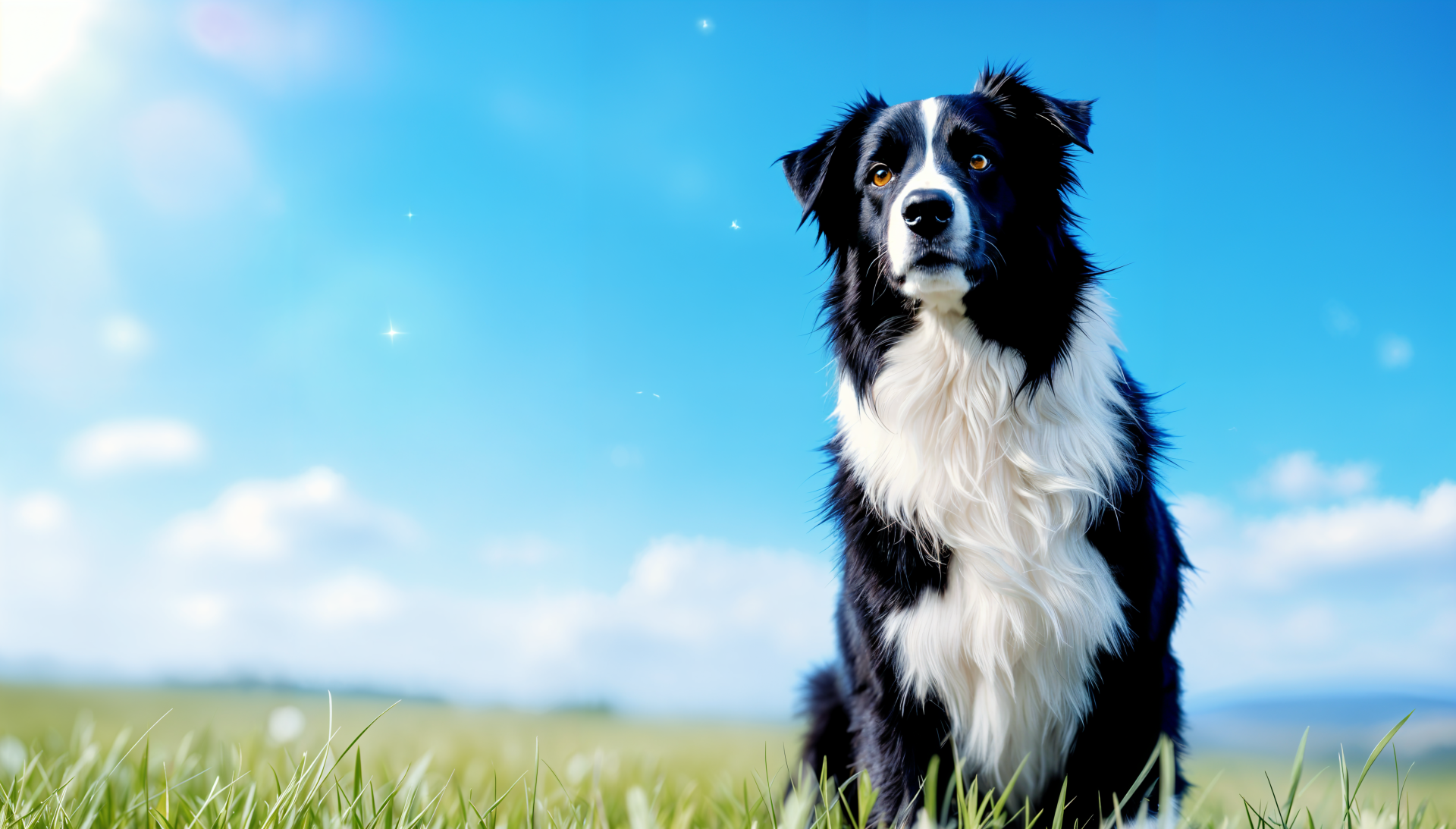 A black and white Border Collie sitting on grass under a bright blue sky, captured in stunning 4K Ultra HD for a PC desktop wallpaper.
