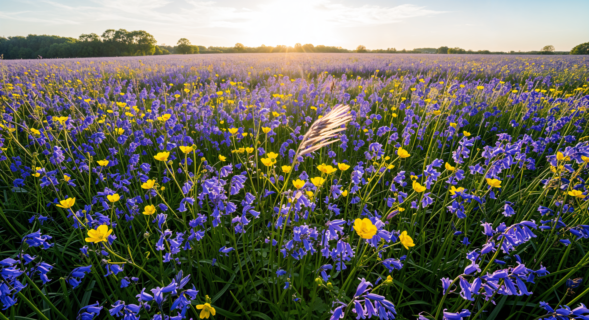 A vibrant flower field with purple and yellow blossoms under the soft glow of a setting sun, captured in stunning 4K Ultra HD for PC desktop wallpaper.