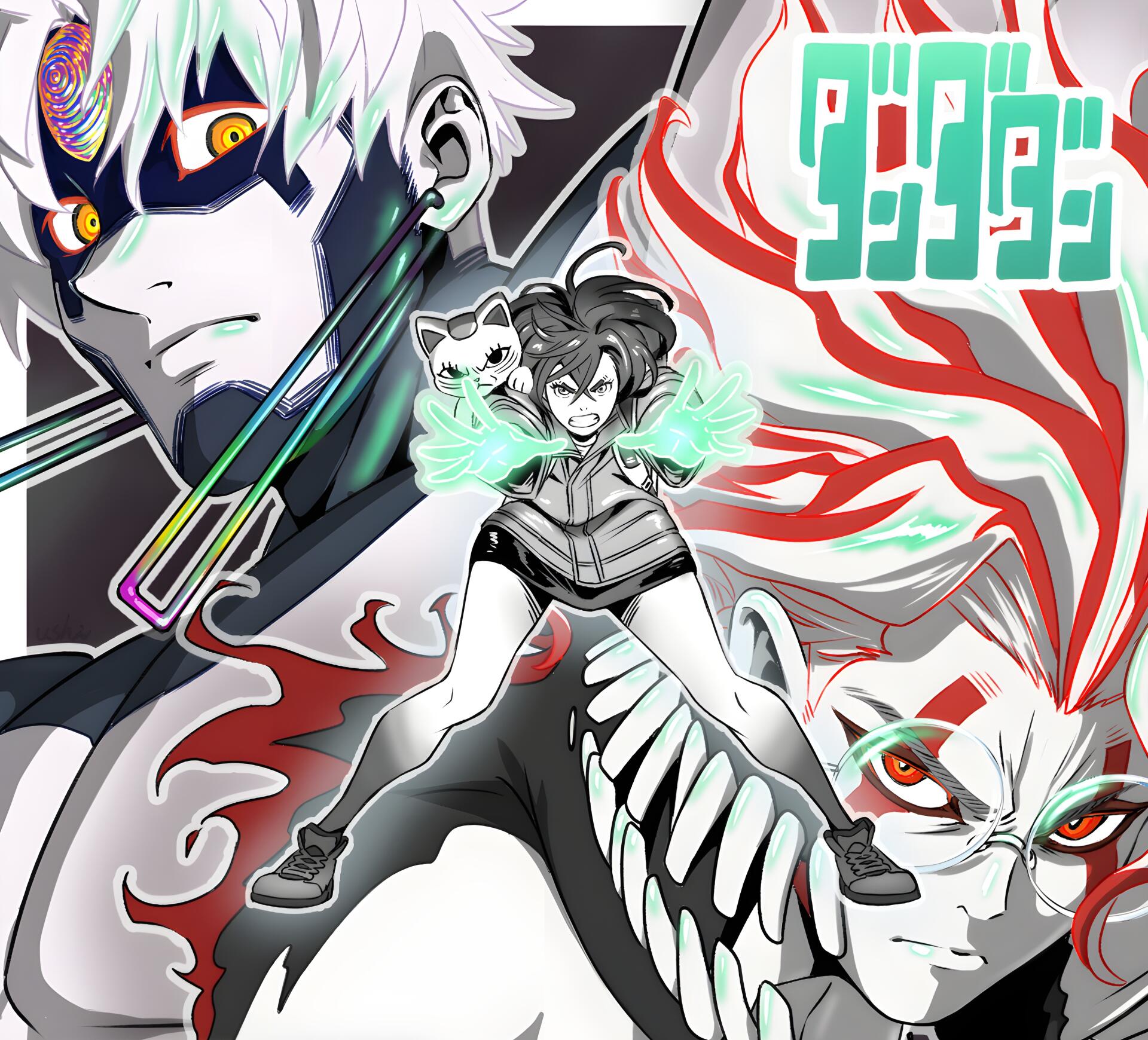 4K Ultra HD PC desktop wallpaper of Dandadan anime: Jin Enjouji and Momo Ayase in a dynamic, stylized battle pose with bold red and teal energy swirls and dramatic contrast.