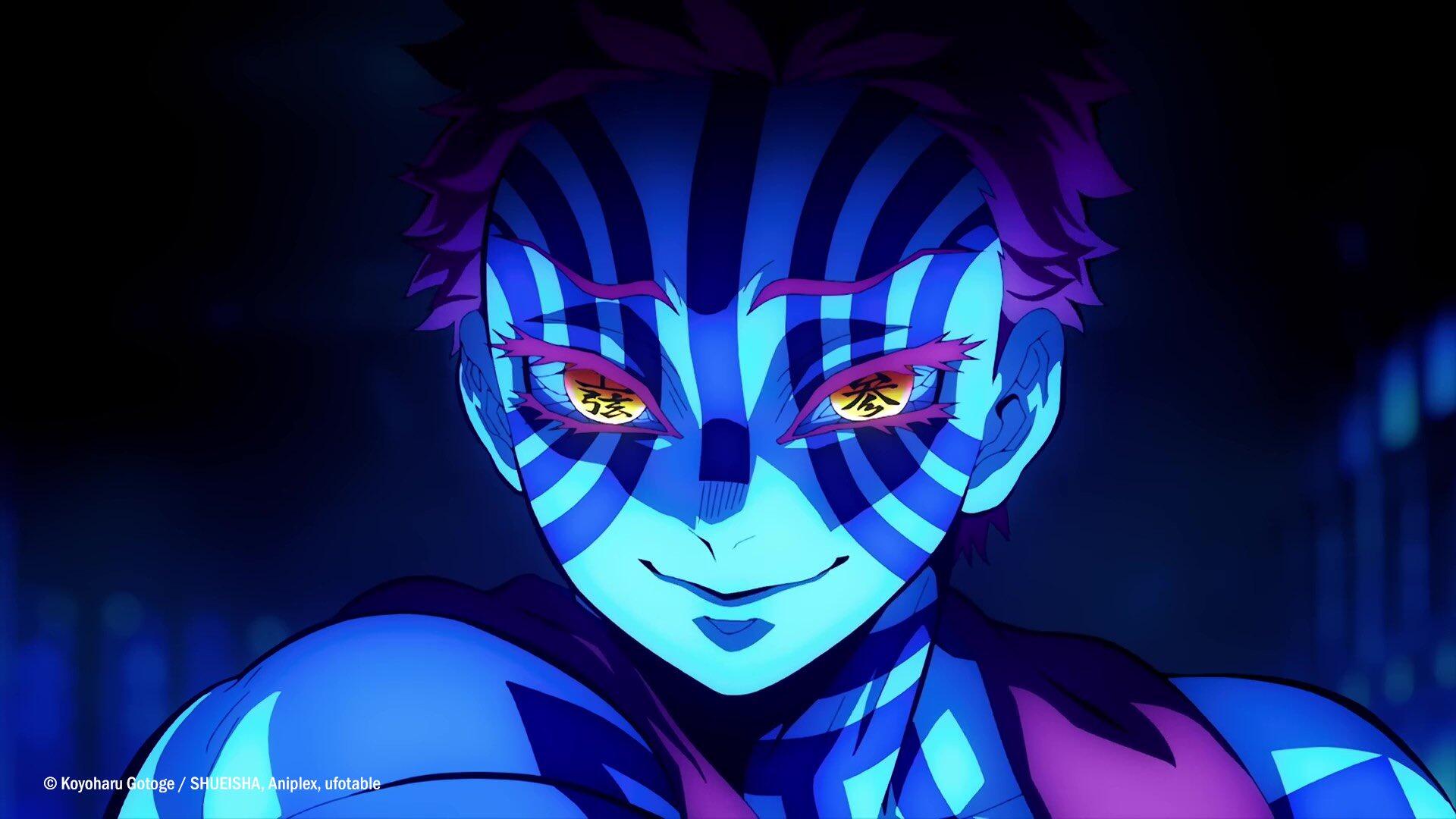 HD PC desktop wallpaper of Akaza from Demon Slayer: Kimetsu no Yaiba — close-up of the anime demon's blue striped face and glowing yellow eyes against a dark background.