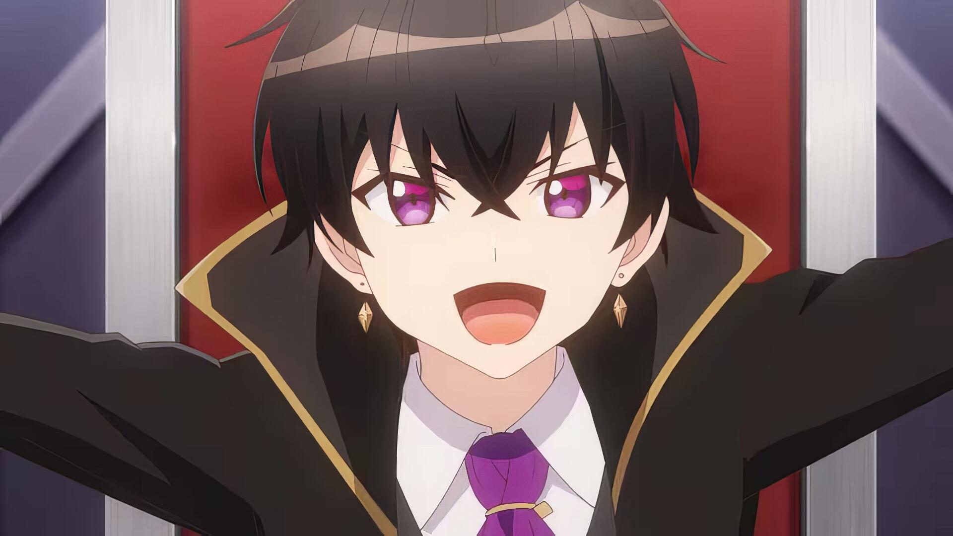 Anime HD desktop wallpaper from I'm the Evil Lord of an Intergalactic Empire! featuring a confident character with dark hair and purple eyes in a black and gold outfit.