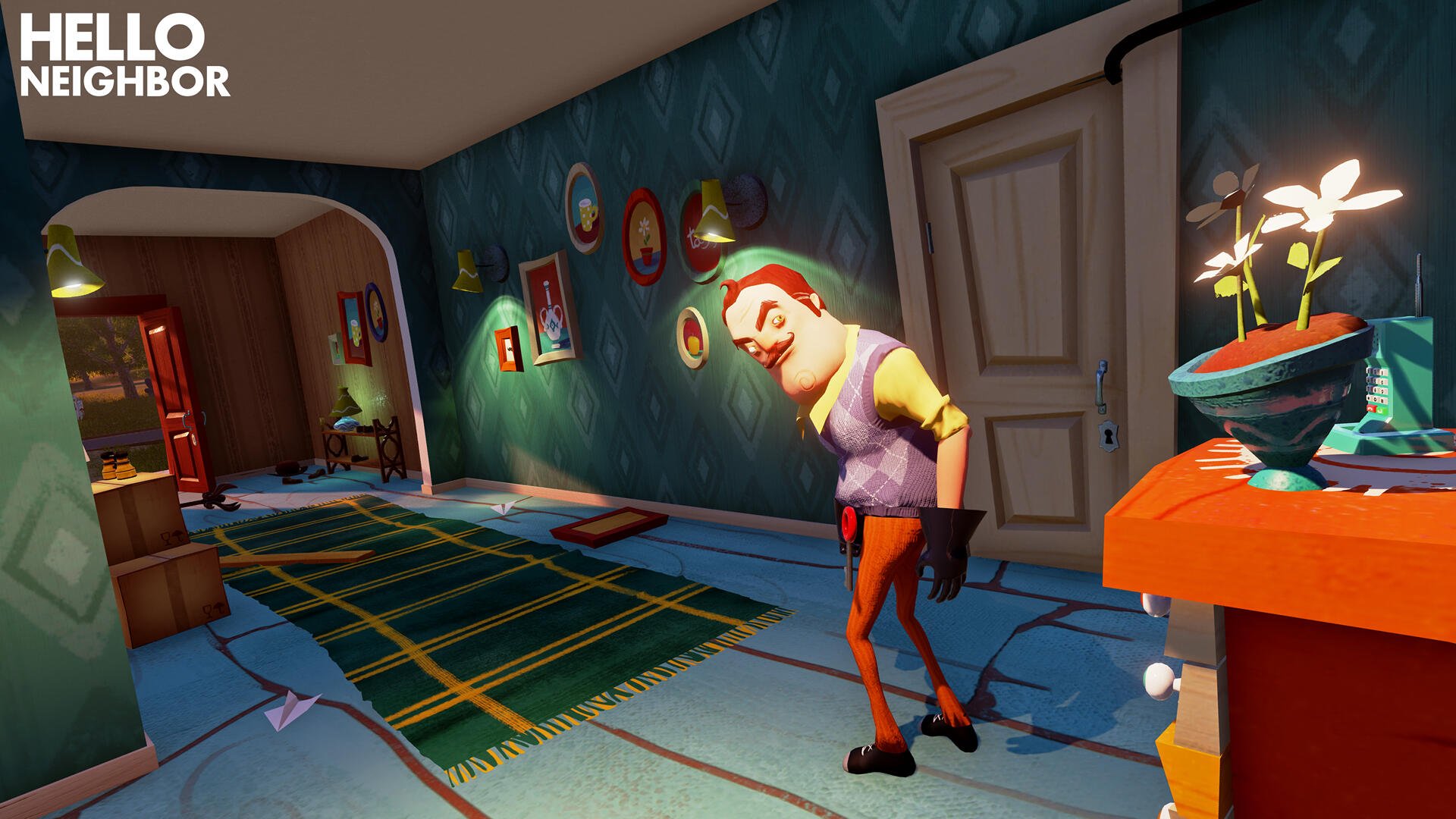 HD PC desktop wallpaper from the video game Hello Neighbor, featuring the neighbor character in a dimly lit, colorful interior setting.