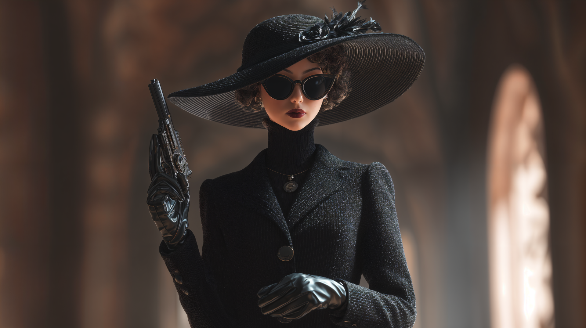 4K Ultra HD PC wallpaper featuring a stylish woman spy in black attire, wide-brimmed hat, gloves, and sunglasses, holding a gun with a confident pose.
