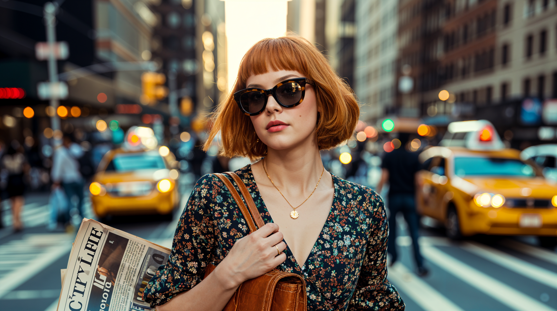 Street photography capturing a stylish woman with red hair and sunglasses crossing a busy city street, with yellow taxis in the background, in 4K Ultra HD detail.