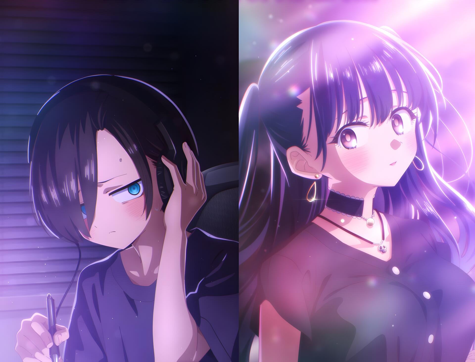 5K Ultra HD PC wallpaper of The Dangers in My Heart: Ichikawa Kyoutarou and Anna Yamada side-by-side, moody purple-blue lighting, anime style.