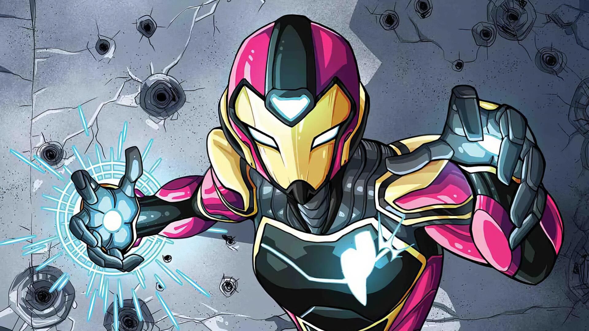 HD PC desktop wallpaper featuring Ironheart from Marvel Comics in a dynamic pose with glowing energy against a cracked wall with bullet holes.
