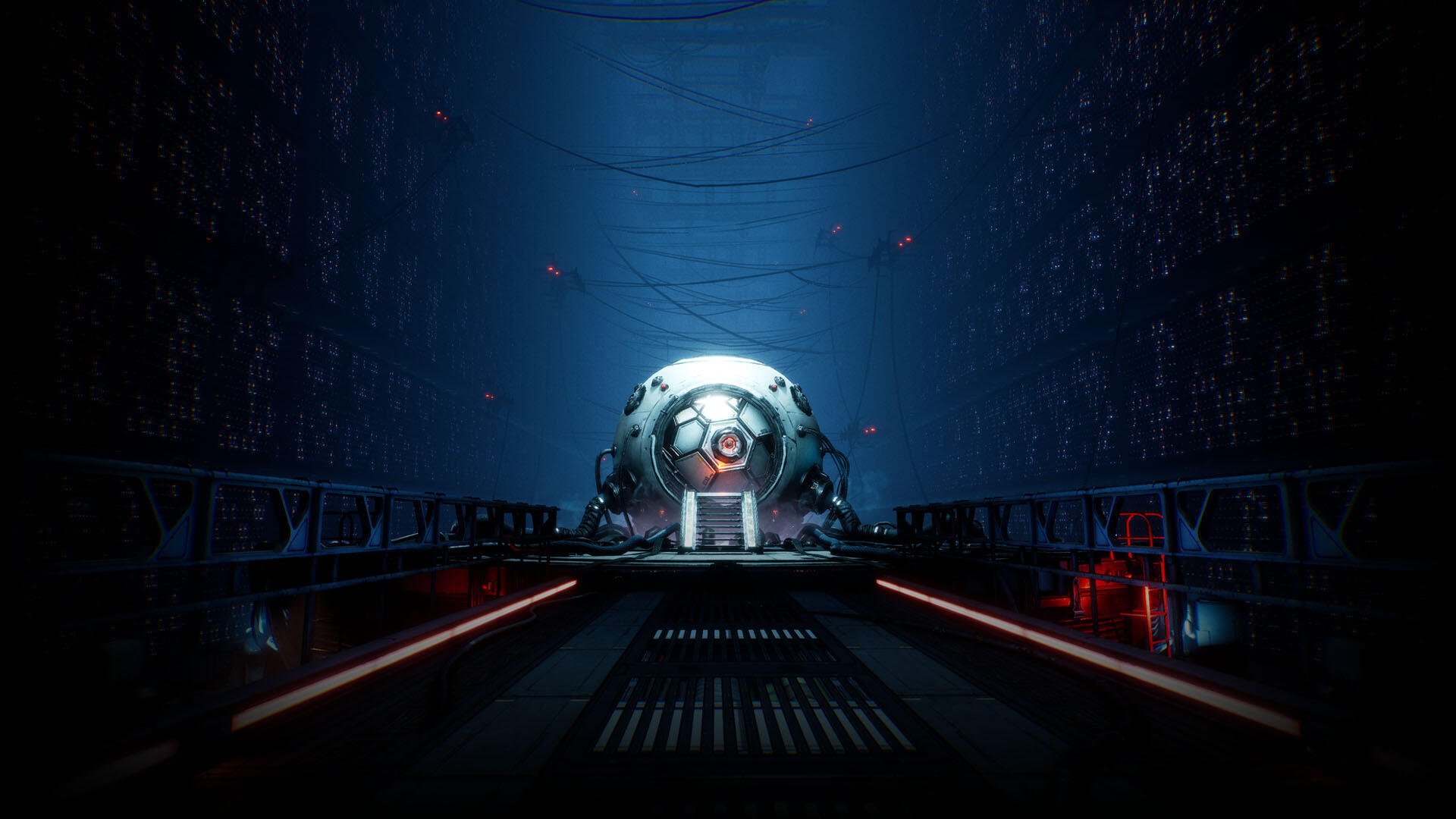 HD PC desktop wallpaper from the video game Stellar Blade shows a futuristic, cable-lined corridor with a glowing spherical machine at the center.