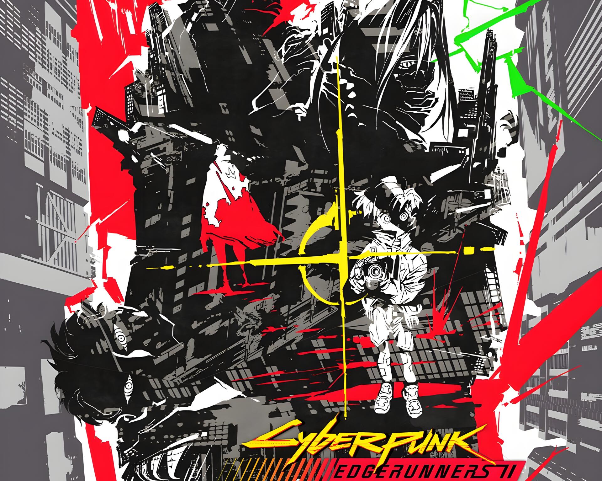 4K Ultra HD PC desktop wallpaper featuring bold, dynamic artwork from the anime Cyberpunk: Edgerunners and Cyberpunk: Edgerunners 2 with vibrant red, black, and yellow accents.