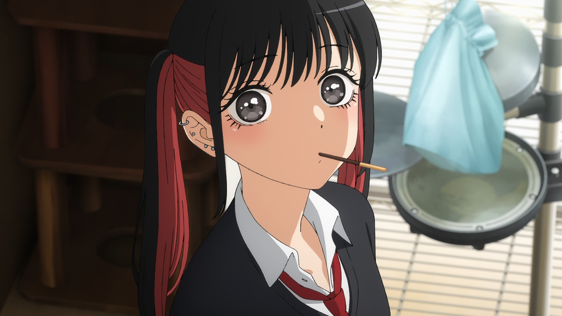 HD PC desktop wallpaper of Nowa Sugaya from My Dress-Up Darling: anime schoolgirl with black hair and red side-ponytail, pocky in her mouth, looking up in a kitchen scene.