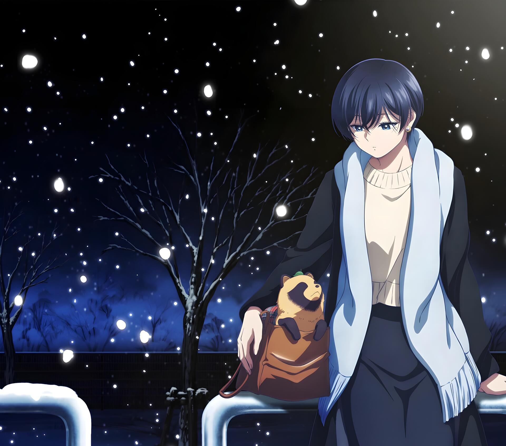 4K Ultra HD anime desktop wallpaper: Fuji and Kimi from With You and the Rain stand in a snowy night park, Kimi clutching a bag as snow falls.