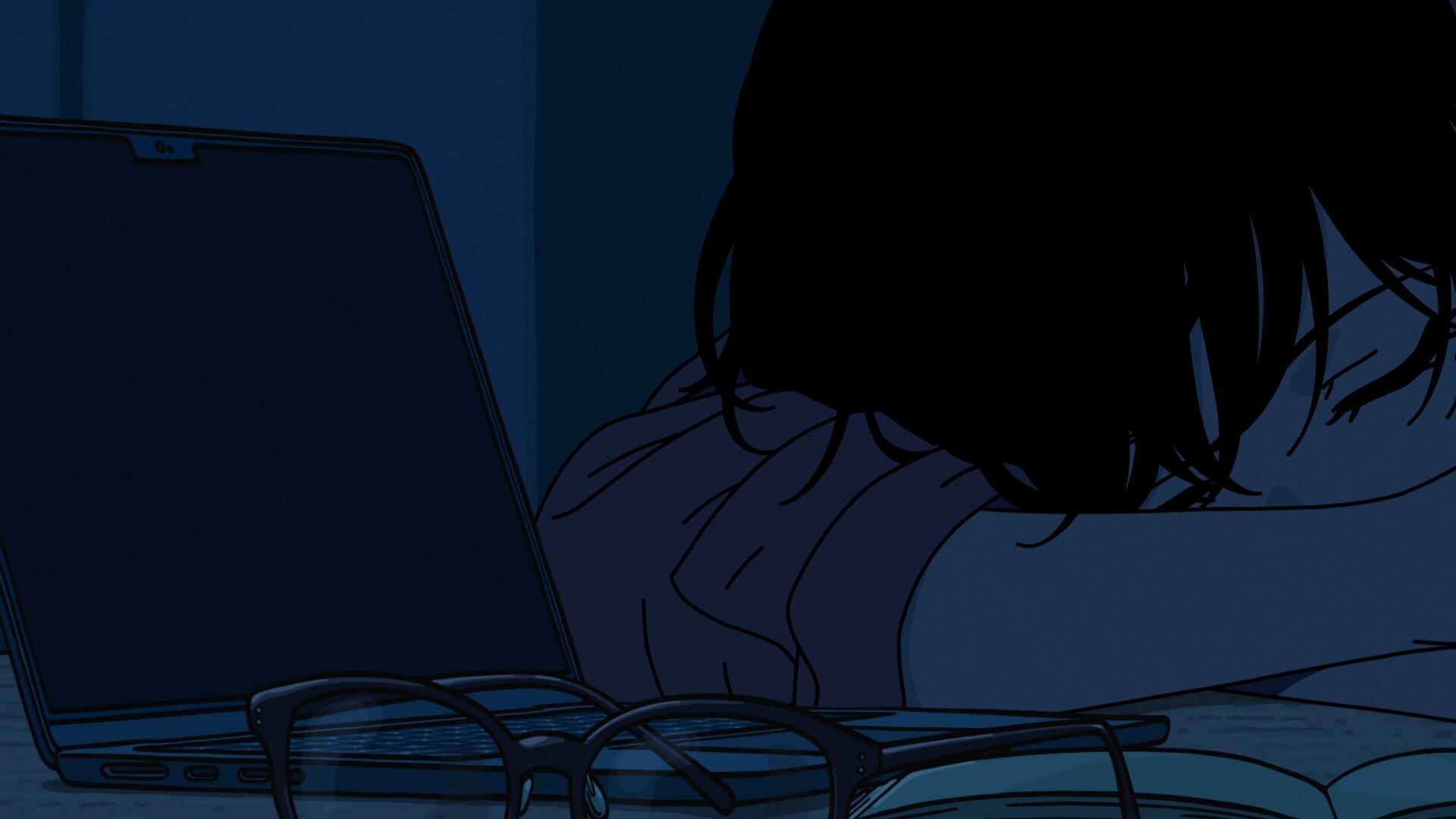 Anime-style HD PC wallpaper featuring a close-up of Fuji from With You and the Rain resting with glasses in the foreground against a dark, moody background.