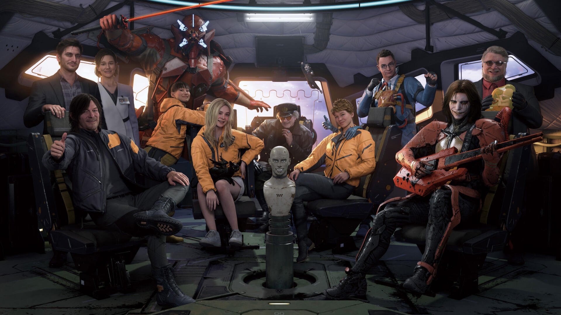 4K Ultra HD Death Stranding 2: On The Beach PC wallpaper featuring Sam Porter Bridges and a diverse group of characters inside a futuristic setting.