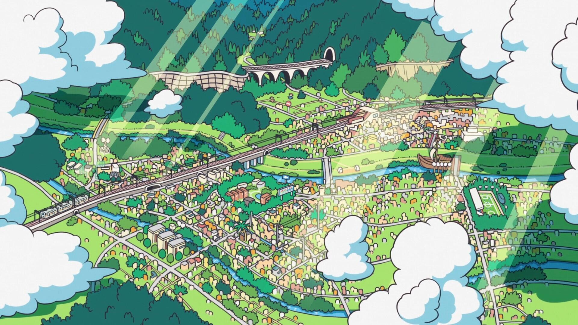 HD anime desktop wallpaper featuring a vibrant aerial view of a sprawling cityscape with lush greenery and mountains, inspired by City the Animation.