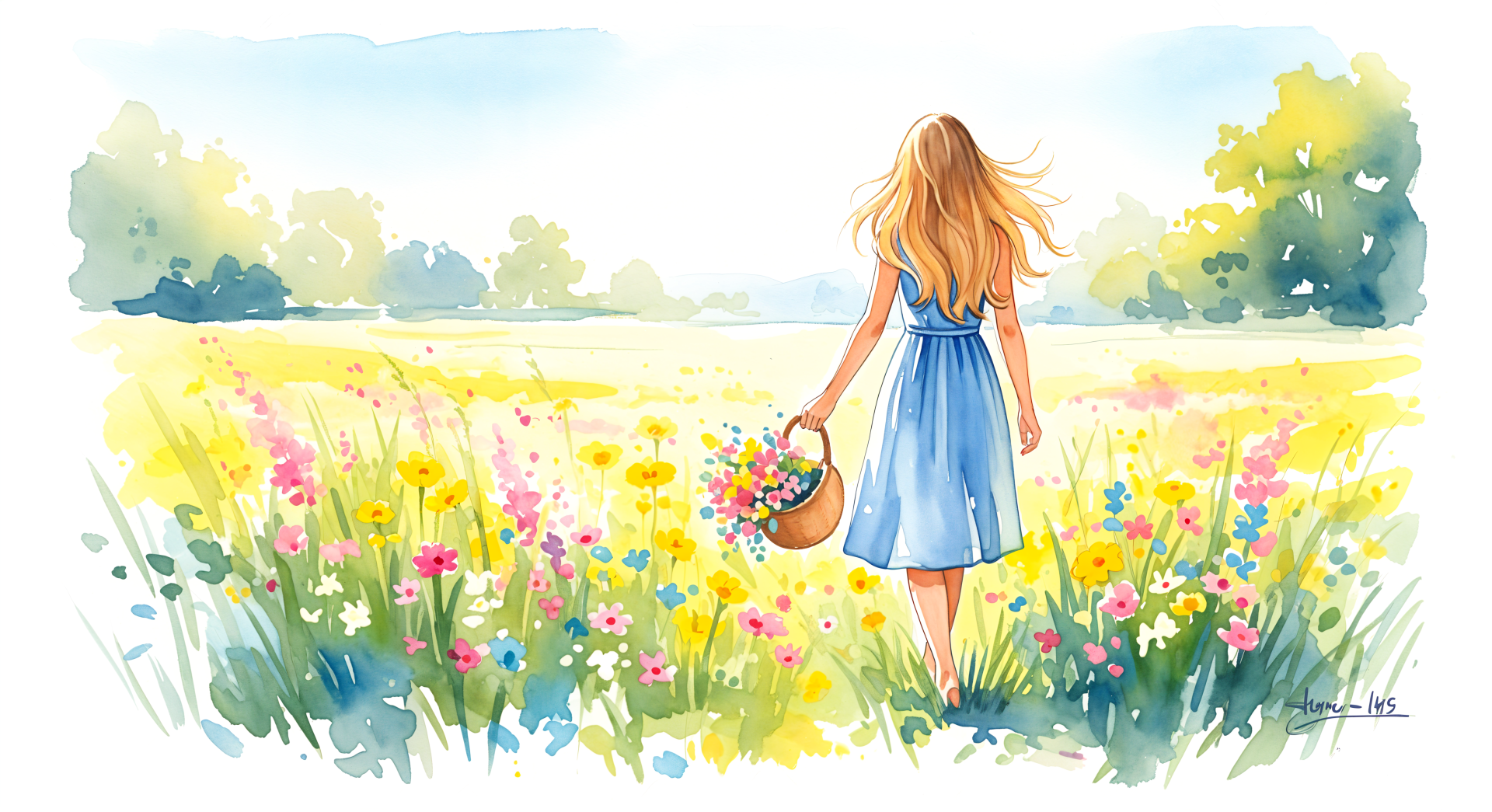 A 4K Ultra HD summer aesthetic wallpaper depicting a woman in a blue dress walking through a vibrant, sunlit flower field holding a basket of wildflowers.