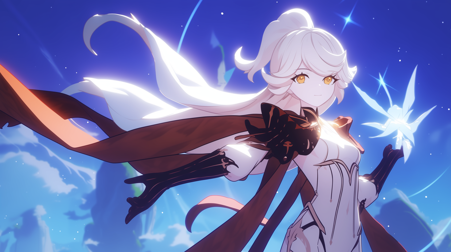 HD PC desktop wallpaper featuring Asmoday from the video game Genshin Impact, depicted with glowing effects and a dynamic blue sky background.