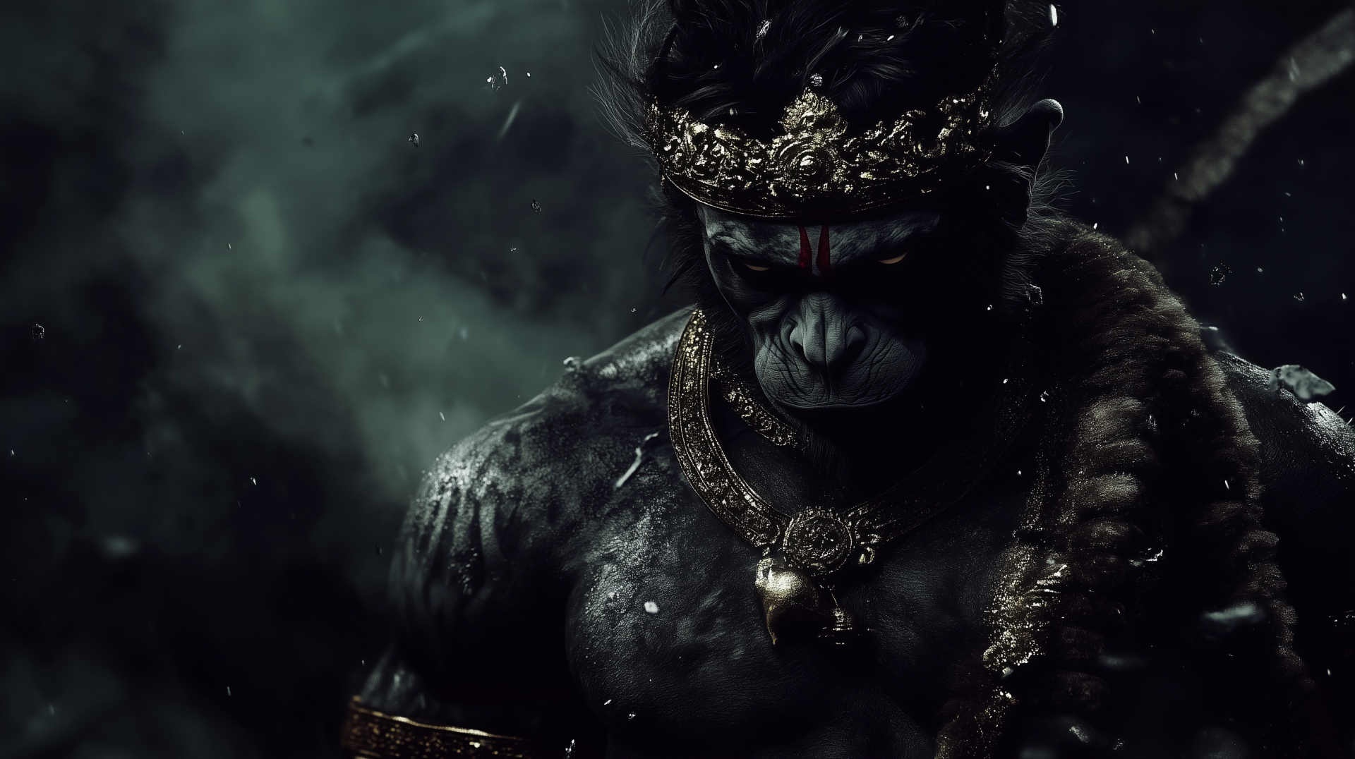 Dark, powerful depiction of Lord Hanuman from Hinduism, portrayed as a fierce, godlike creature with a crown and sacred ornaments, set against a moody background.