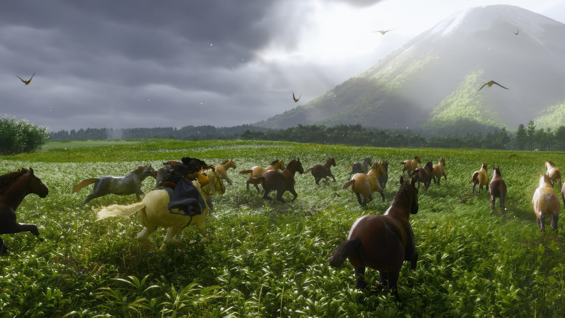 4K Ultra HD desktop wallpaper from the video game Ghost of Yōtei, depicting a character riding a horse across a lush green field with a misty mountain in the background.