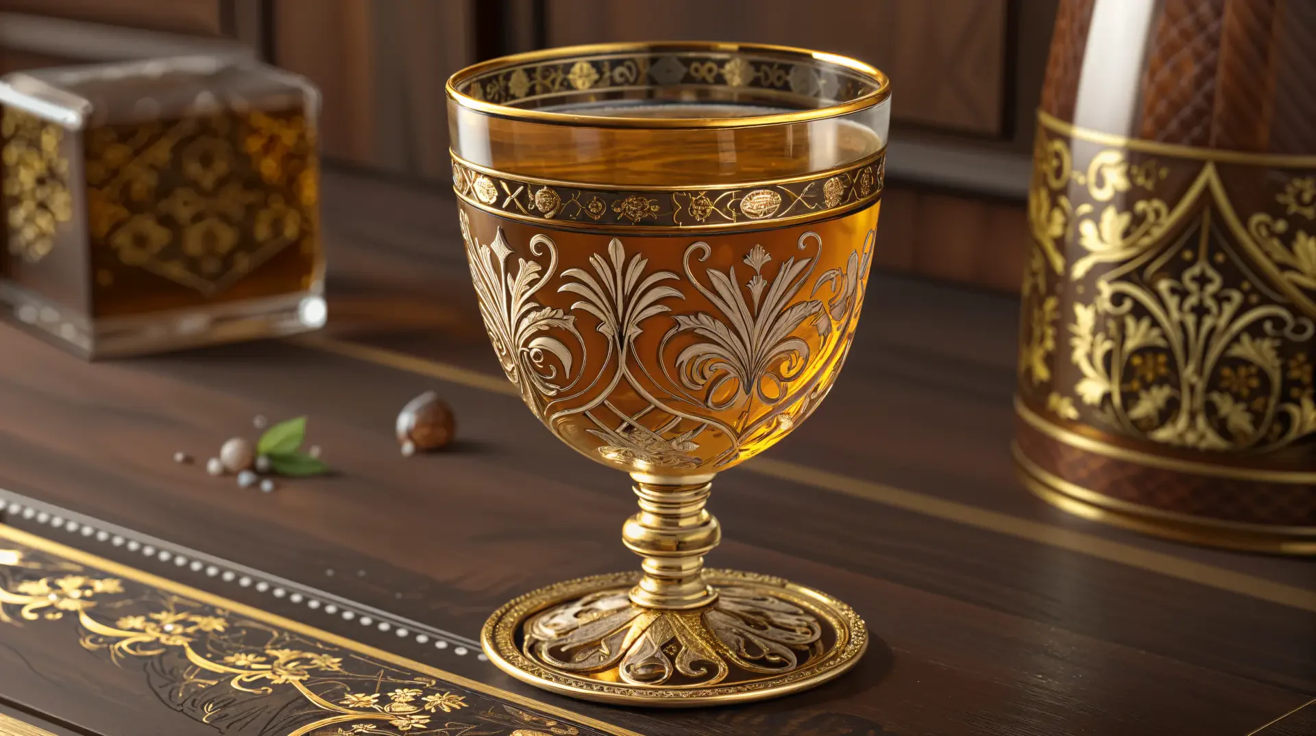 Ornate golden glass filled with apple cider on an elegant wooden surface, captured in stunning 4K Ultra HD for a PC desktop wallpaper background.