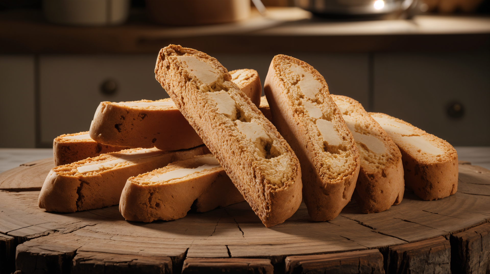 Close-up of rustic biscotti arranged on a wooden surface, captured in 4K Ultra HD for a rich, detailed PC desktop wallpaper and background.