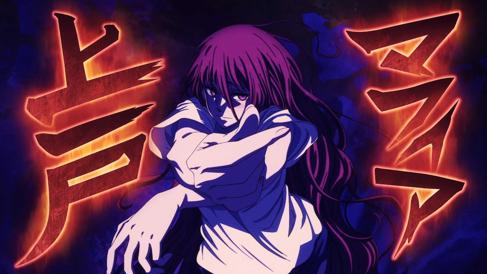 HD anime wallpaper featuring Lu Xiaotang from Sakamoto Days, surrounded by glowing red Japanese characters on a dark background.