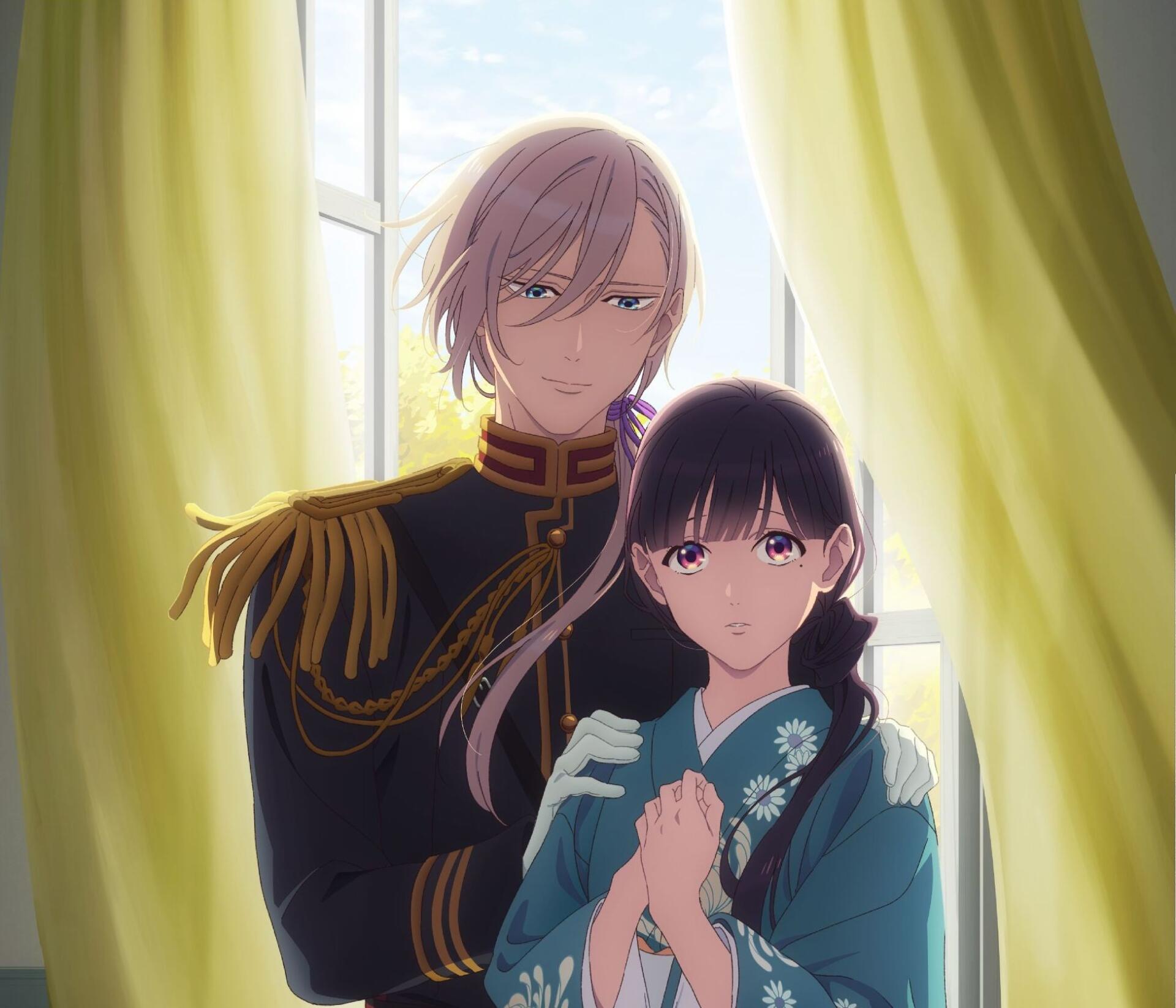 HD anime desktop wallpaper featuring Kiyoka Kudou and Miyo Saimori from Unnamed Memory and My Happy Marriage, standing together by a sunlit window.