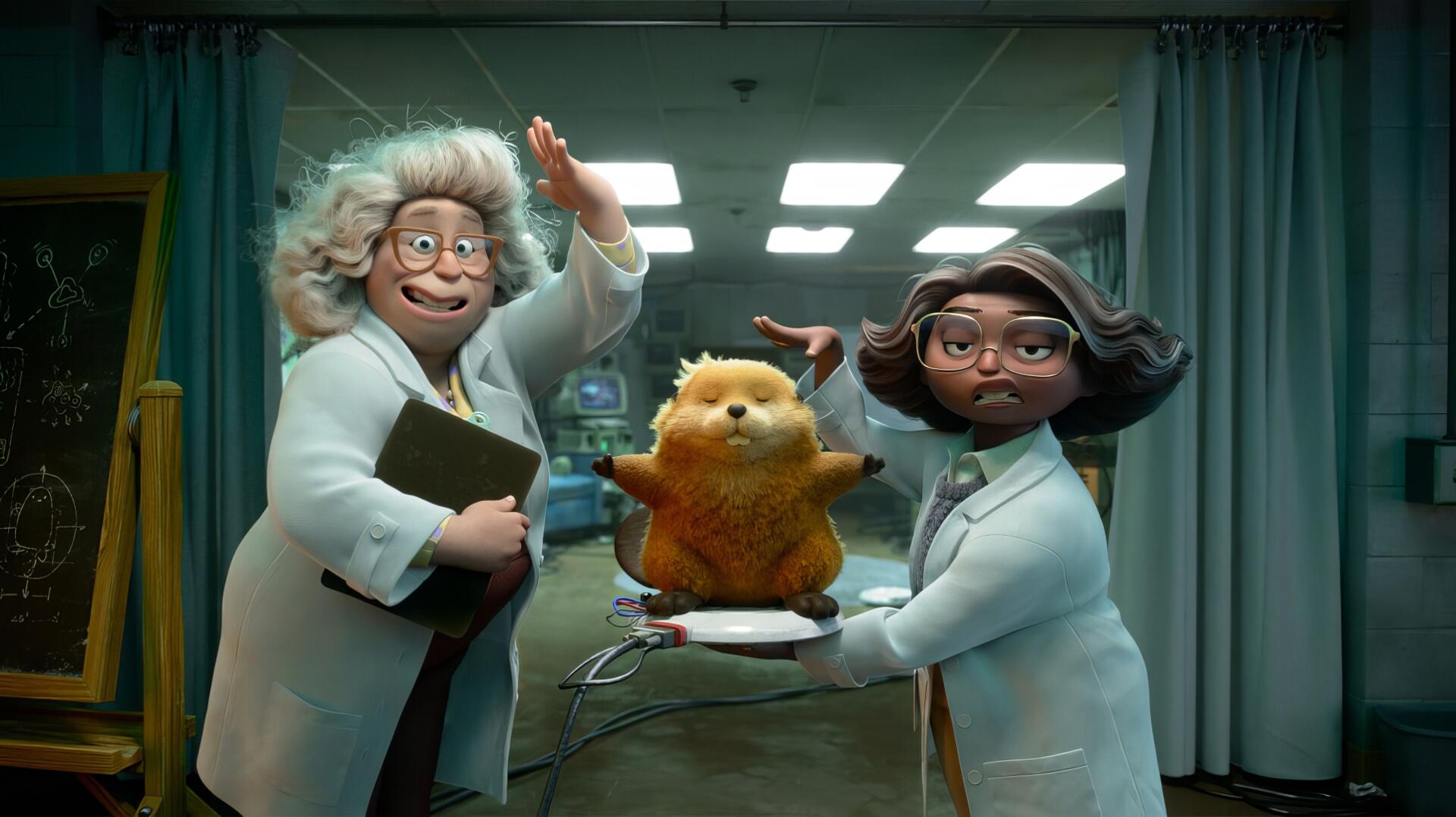 HD PC desktop wallpaper featuring cartoon characters from the movie Hoppers in a laboratory setting with two scientists and a small orange creature.