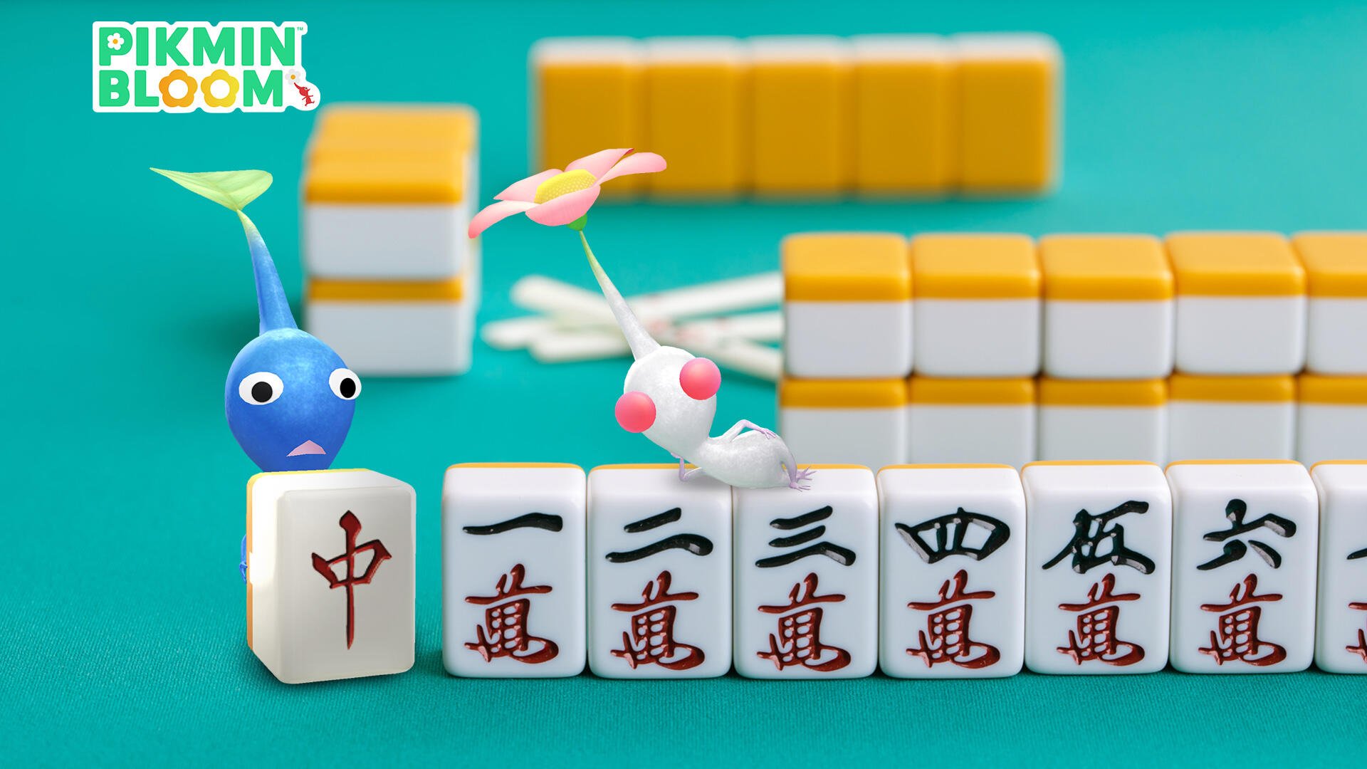HD PC desktop wallpaper featuring Pikmin characters interacting with Mahjong tiles, with the Pikmin Bloom logo in the corner.