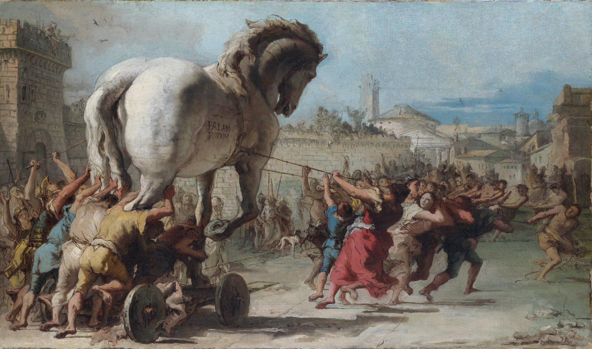 HD oil painting depicting the Trojan Horse being pulled into the city during the Trojan Wars, capturing the dramatic and historic moment.