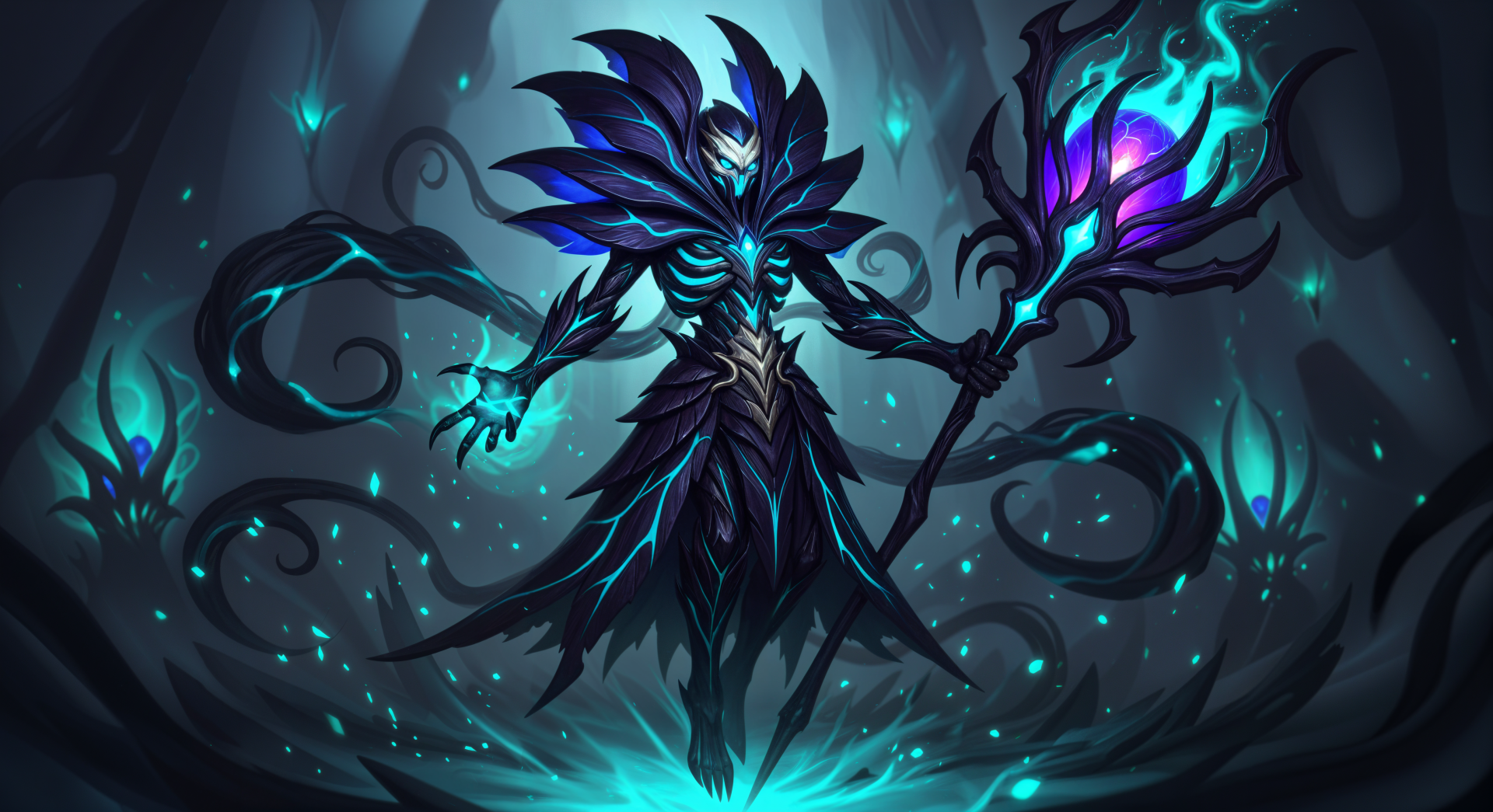 4K Ultra HD PC desktop wallpaper featuring a dark, mystical figure wielding a glowing staff in an eerie, shadowy environment with blue and purple hues.