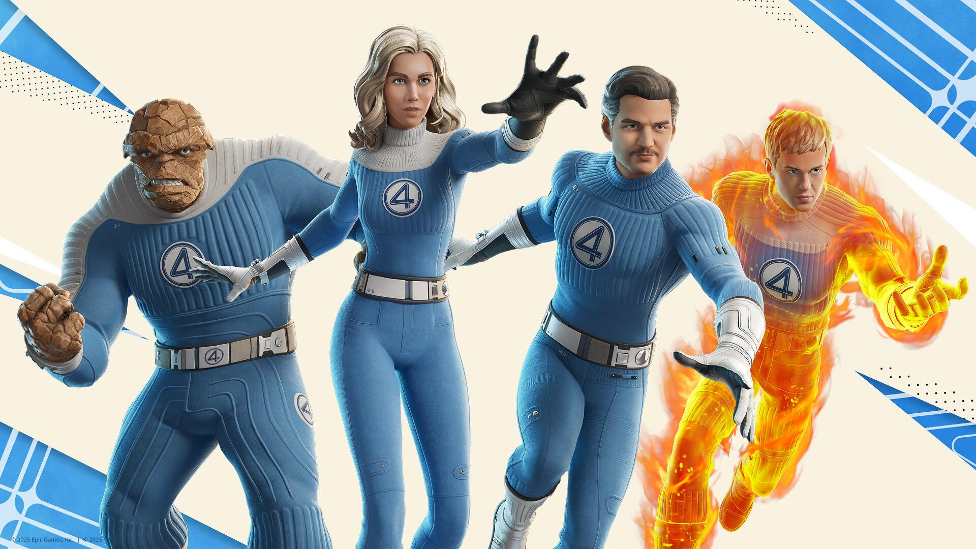 HD PC desktop wallpaper featuring Fortnite characters from the Fantastic Four (2025) in action poses wearing blue Fantastic Four suits.