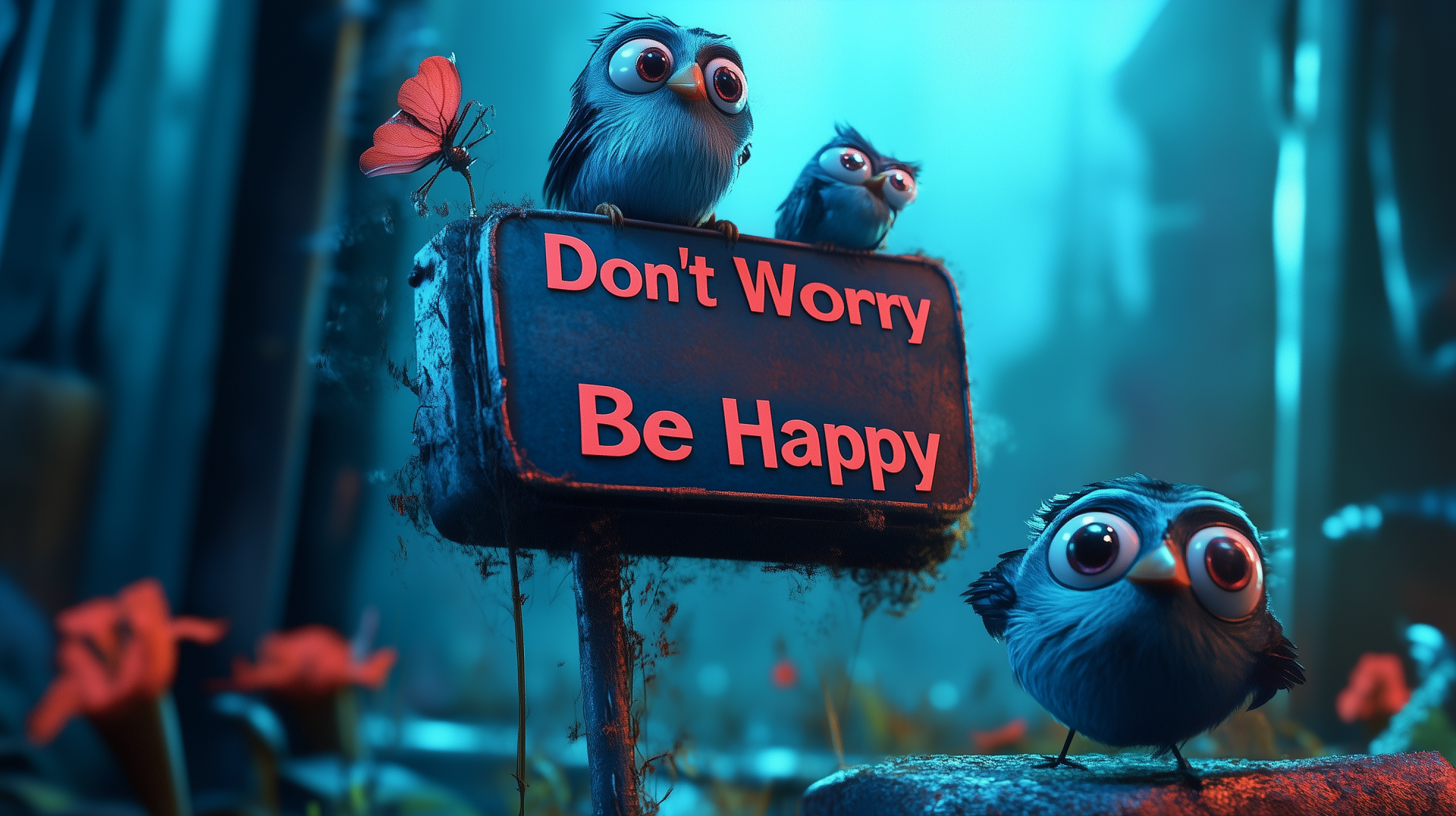 HD PC desktop wallpaper featuring animated birds around a glowing sign that reads Don't Worry Be Happy with a butterfly perched nearby in a serene forest setting.
