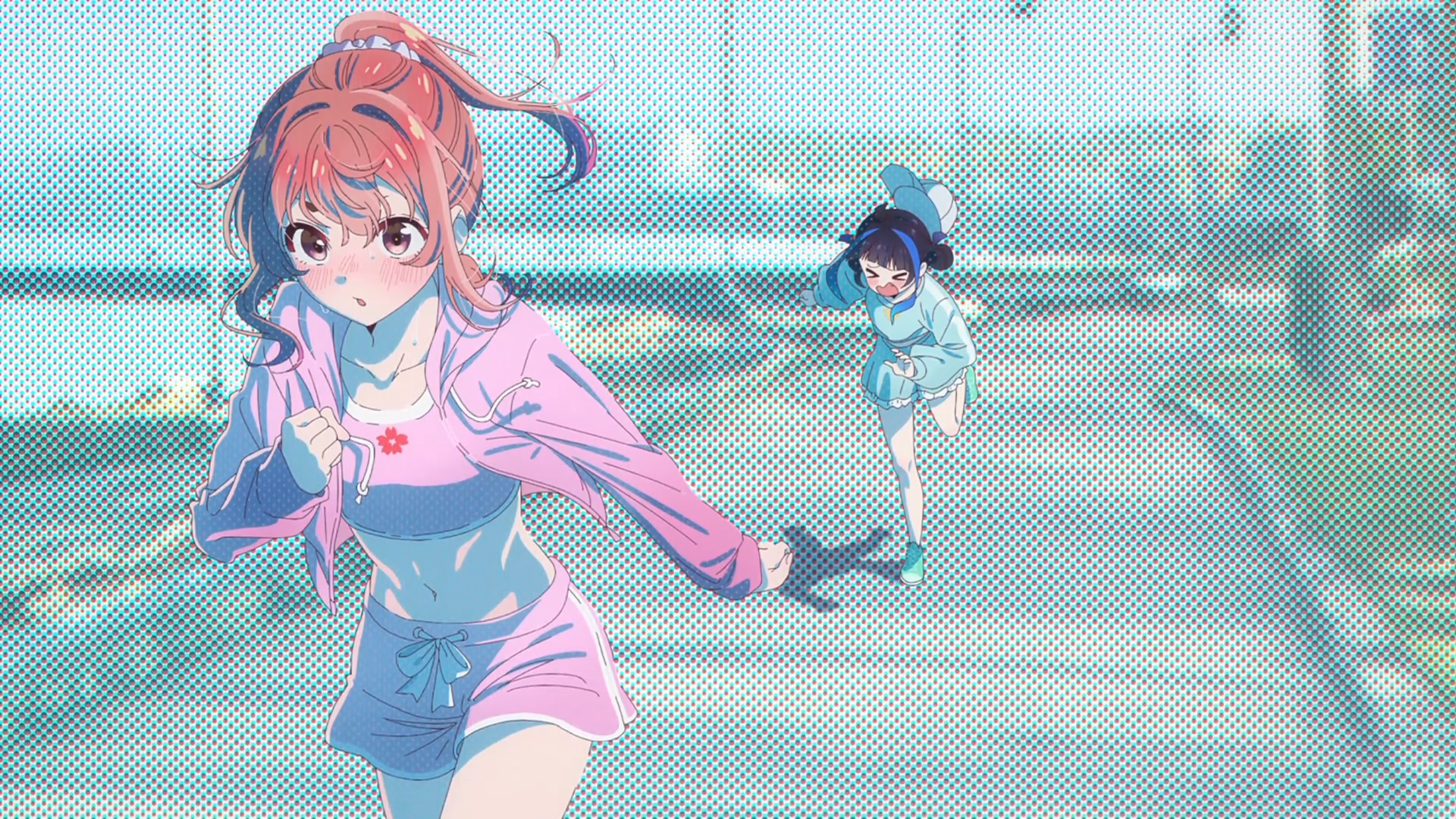 HD anime desktop wallpaper featuring Sumi Sakurasawa and Ruka Sarashina from Rent-A-Girlfriend, captured in a dynamic, vibrant cityscape scene.