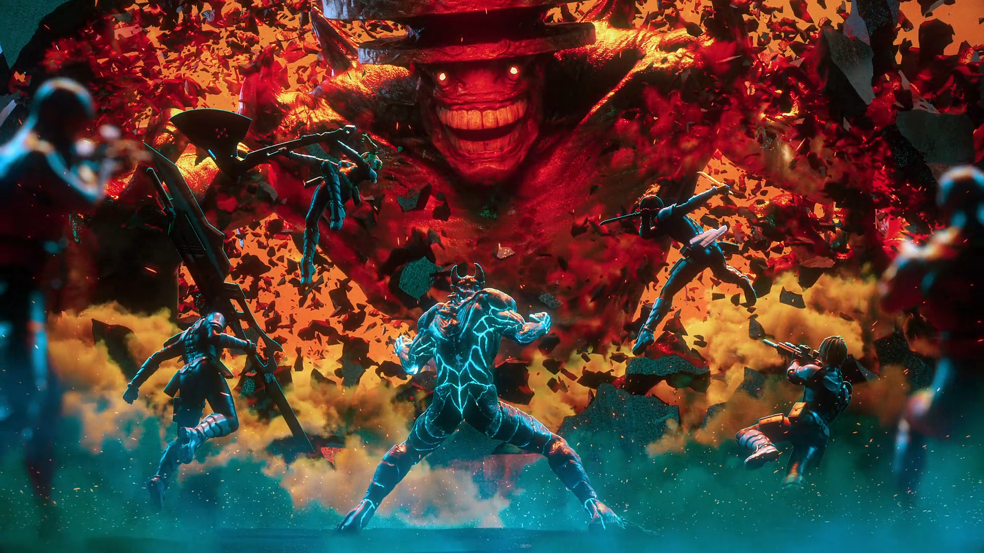 HD PC desktop wallpaper featuring dynamic action from the anime Kaiju No. 8, showcasing intense battles with a fiery, monstrous backdrop.