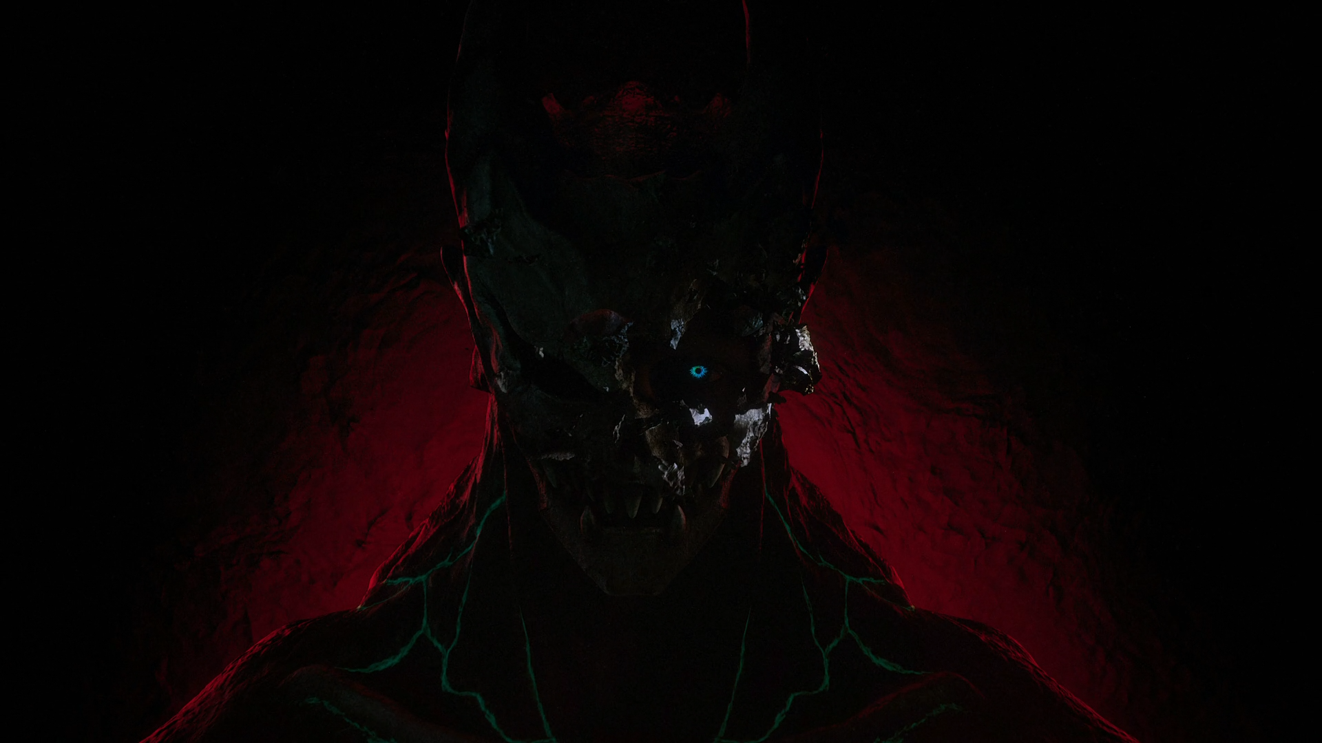 Dark, intense close-up of a Kaiju No. 8 anime character with glowing eyes, set against a deep red background in this HD PC desktop wallpaper.