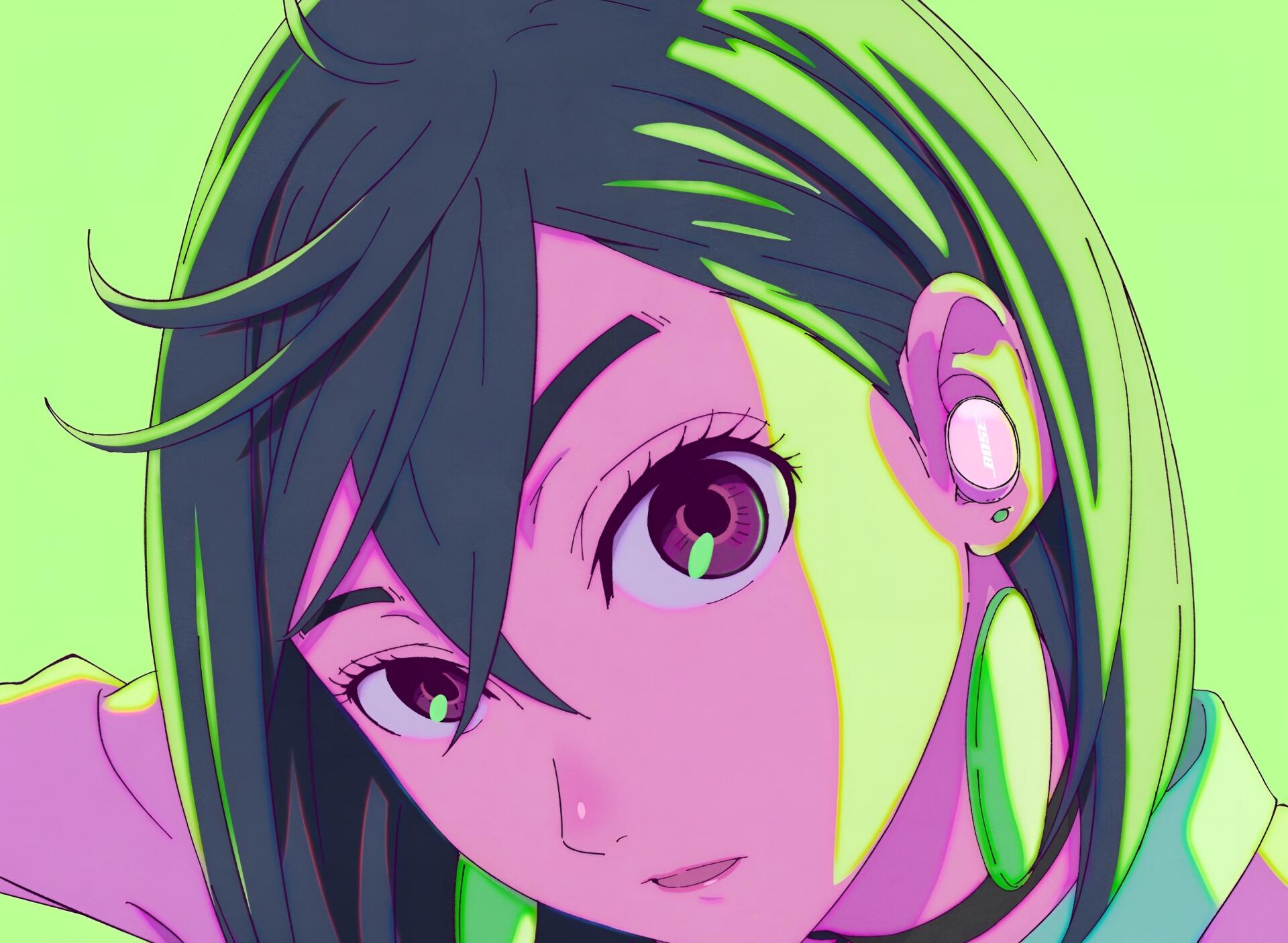 HD anime wallpaper featuring Momo Ayase from Dandadan with vibrant green and purple hues, capturing her detailed facial expression and modern style.