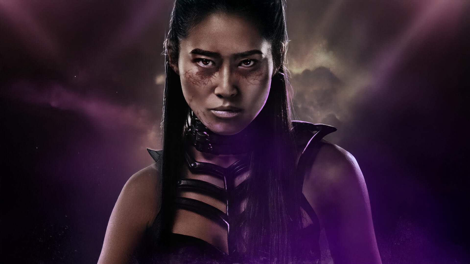 Mortal Kombat 2 (2025) PC wallpaper in 4K Ultra HD showcases a fierce female warrior against a dark, smoky background.