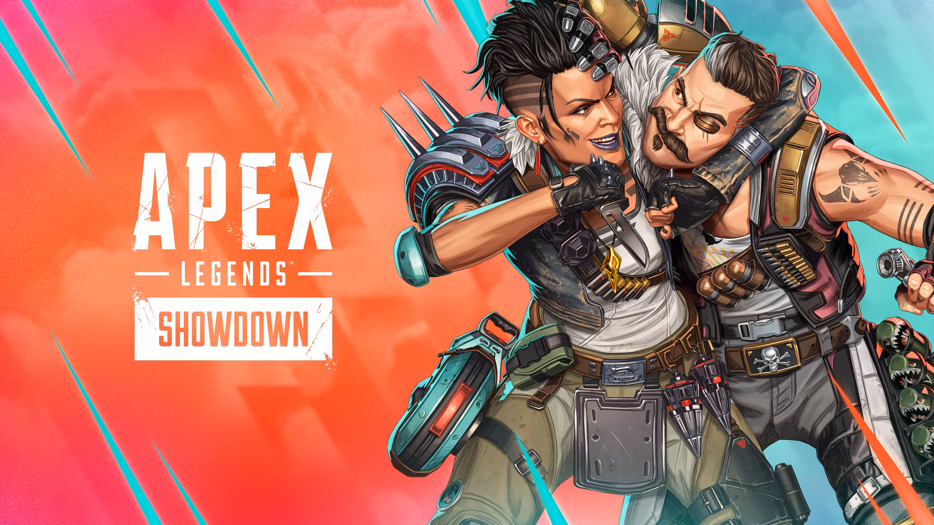 4K Ultra HD Apex Legends wallpaper featuring characters Mad Maggie and Fuse in an action-packed showdown scene with vibrant colors and dynamic poses.