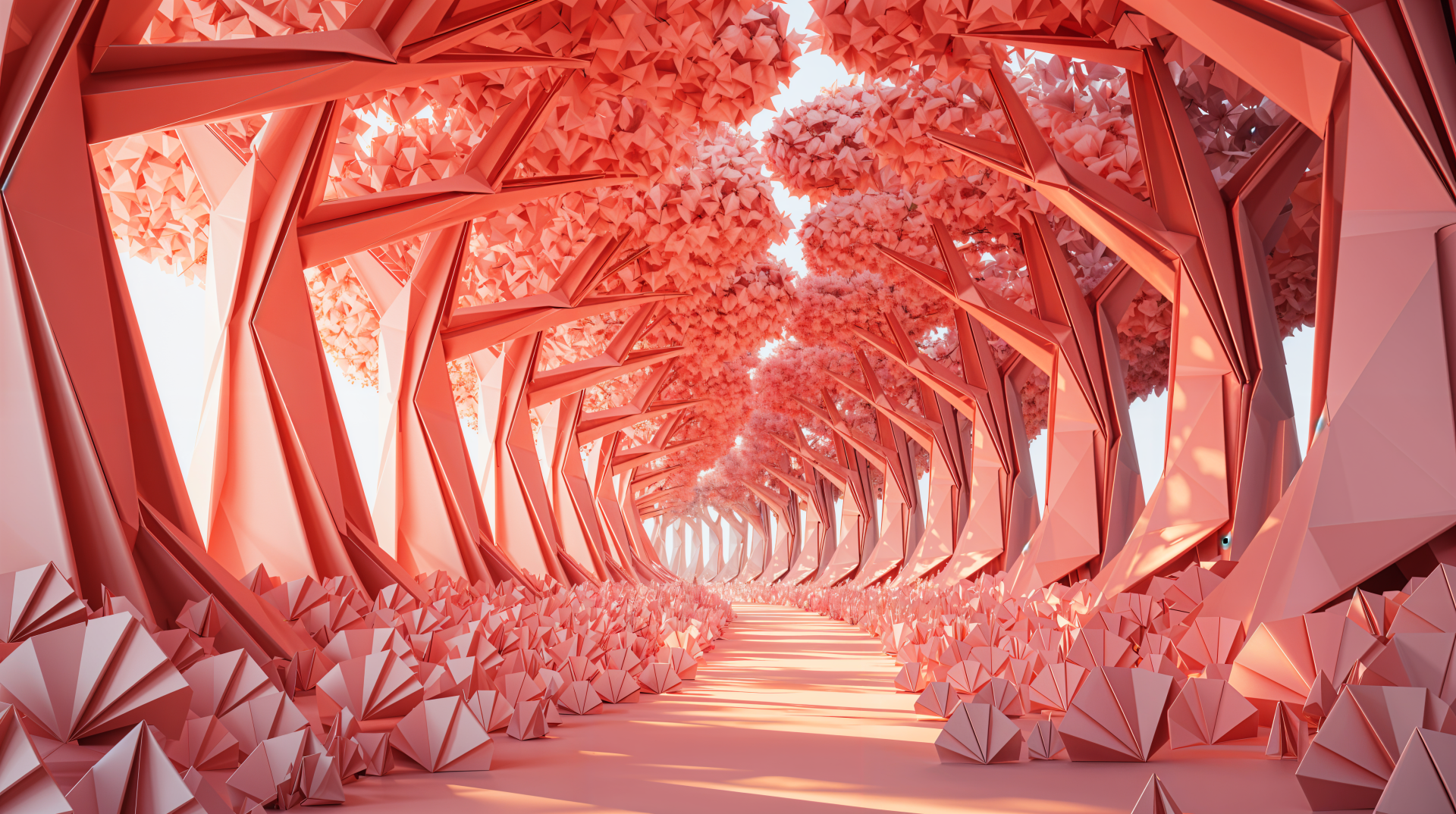 4K Ultra HD PC desktop wallpaper featuring a vibrant pink tree tunnel with geometric tree trunks and foliage creating a surreal, immersive pathway.