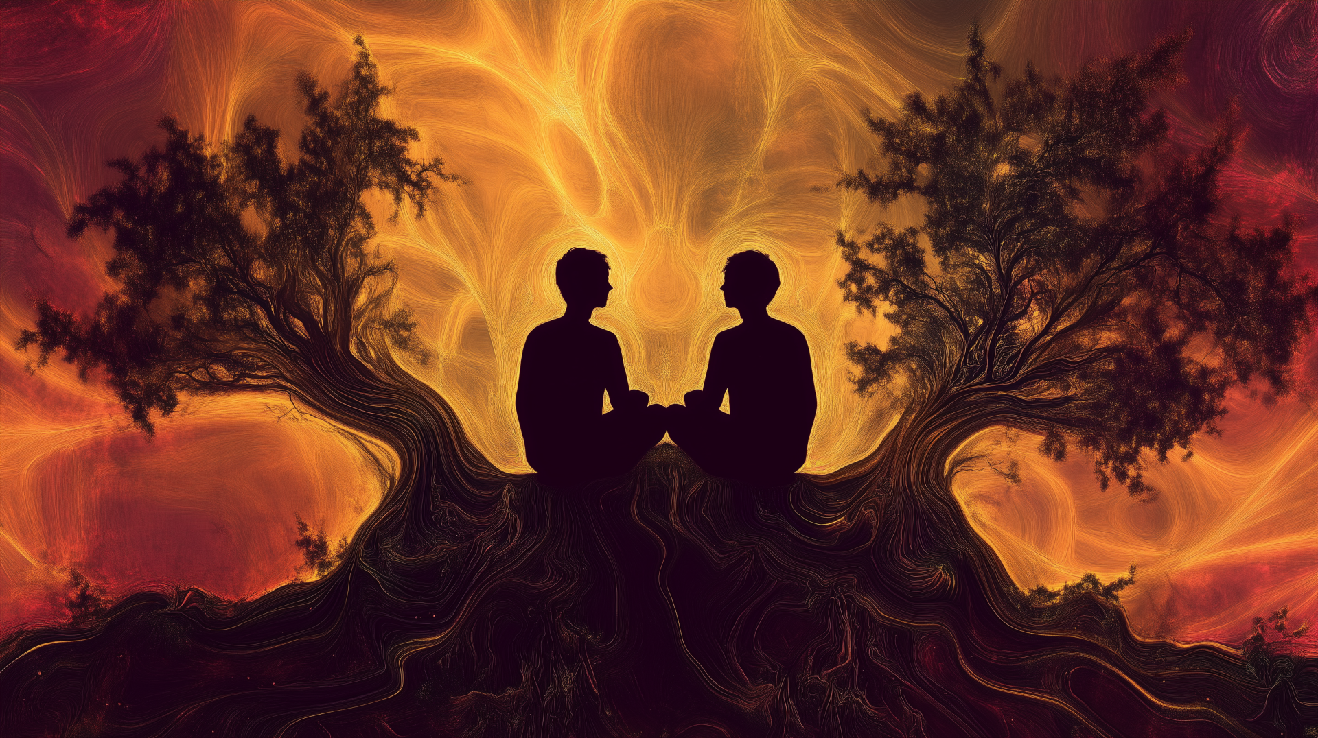 Two friends sit together atop intertwined trees, surrounded by vibrant, swirling spiritual energy, creating a striking artistic scene for an HD PC desktop background.