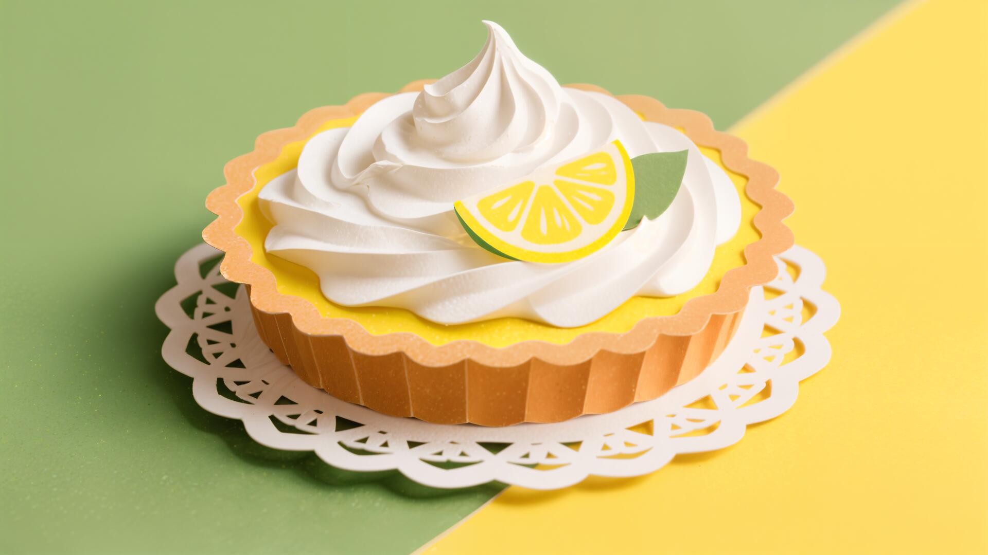 A vibrant 4K Ultra HD wallpaper featuring a lemon meringue pie with fluffy whipped topping and a lemon slice on a two-tone green and yellow background.