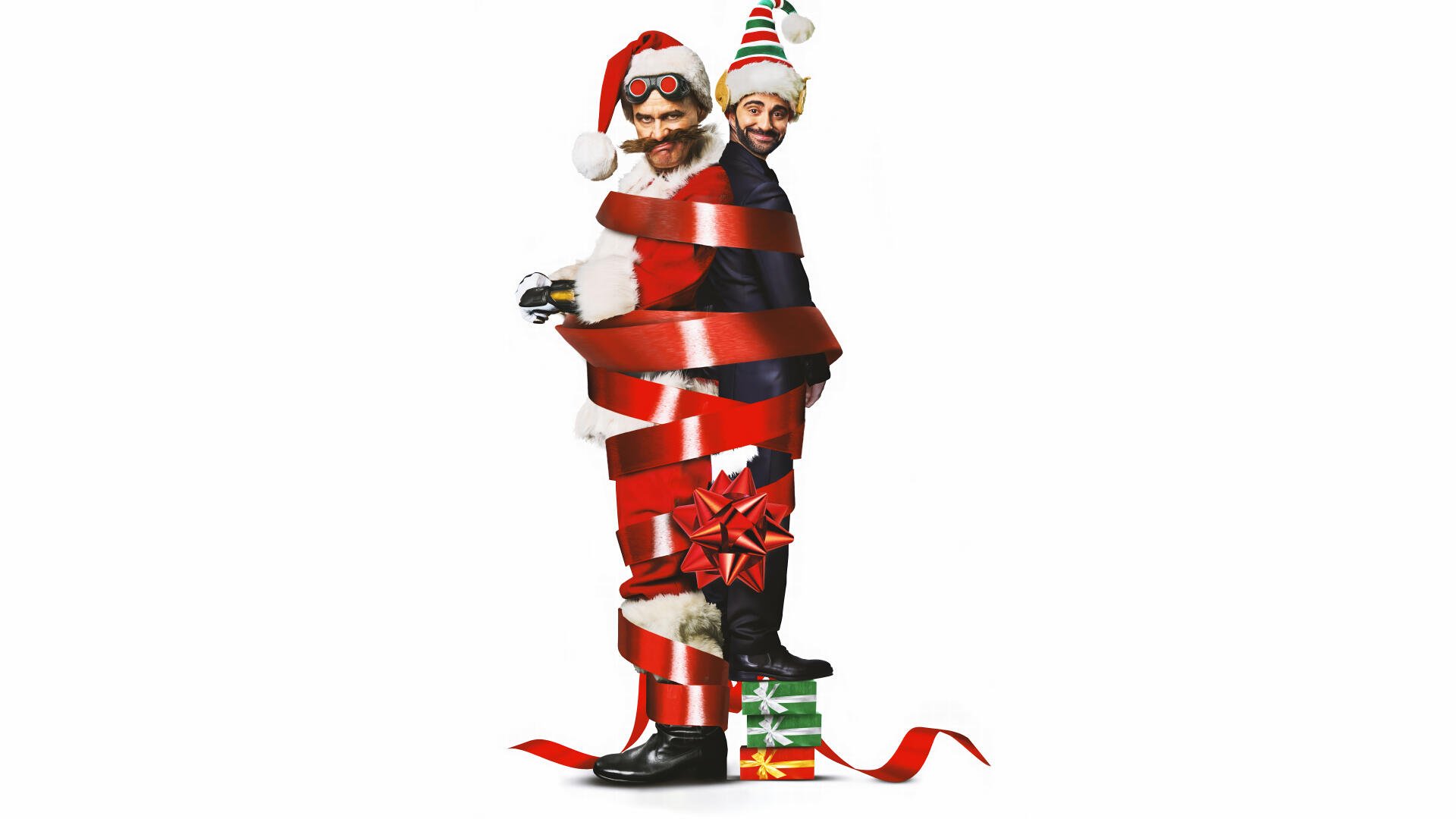 Two men in festive hats wrapped together with red ribbon and bows, standing on a present, styled as an 8K Ultra HD PC desktop wallpaper with a Sonic the Hedgehog 3 theme.