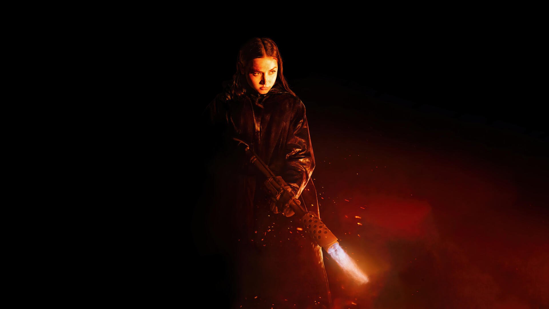 Ballerina (2025) depicted in dramatic lighting with deep shadows and vibrant red hues, captured in stunning 8K Ultra HD for a PC desktop wallpaper.