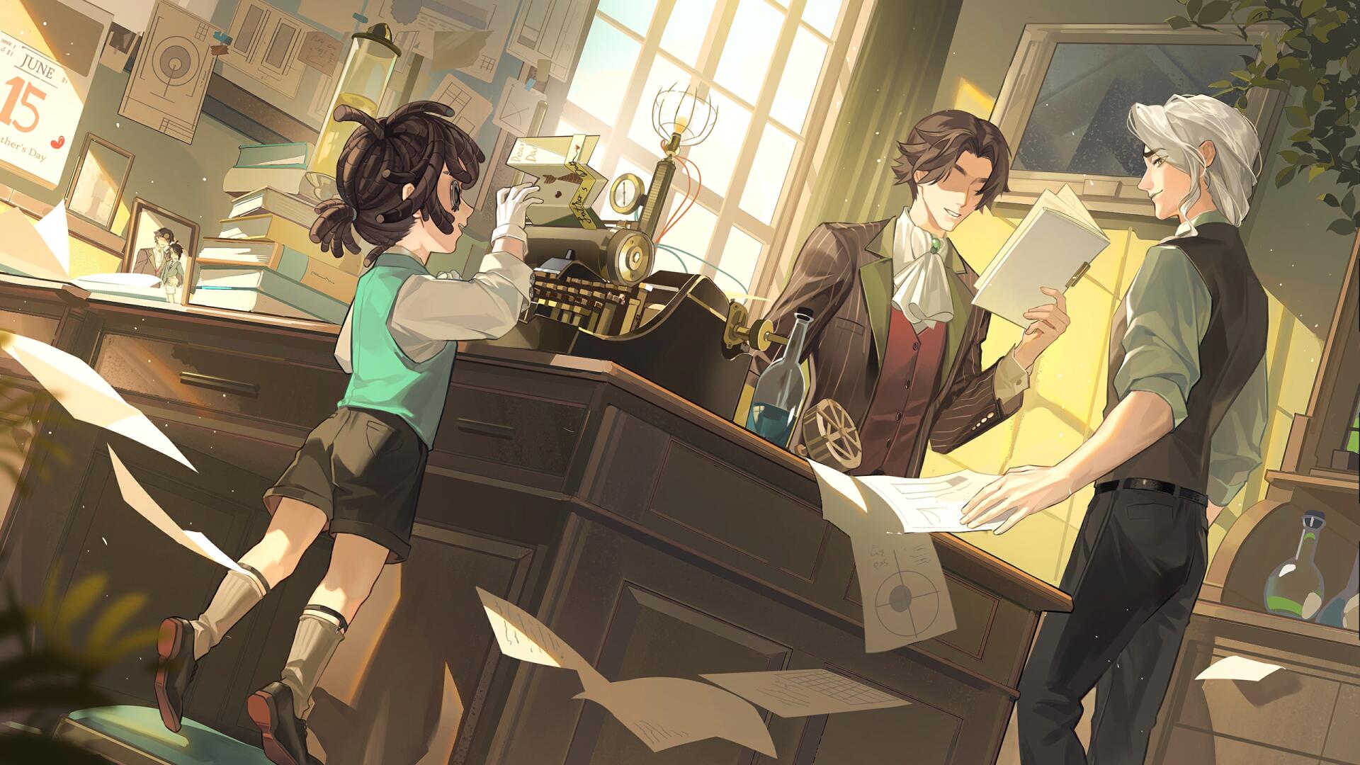 HD PC desktop wallpaper featuring characters from the video game Identity V in a detailed, sunlit room filled with papers and vintage equipment.