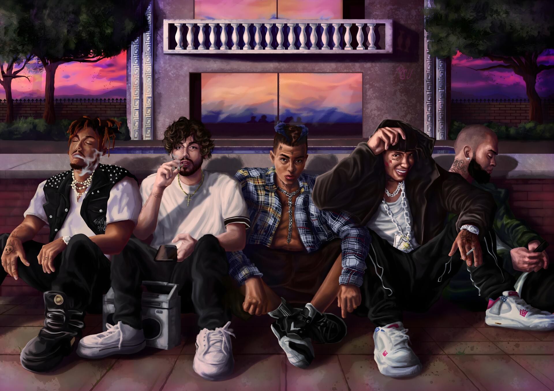 8K Ultra HD PC wallpaper featuring digital art of XXXTentacion, Juice Wrld, DJ Scheme, Danny Towers, and Ski Mask the Slump God sitting together against a sunset backdrop.