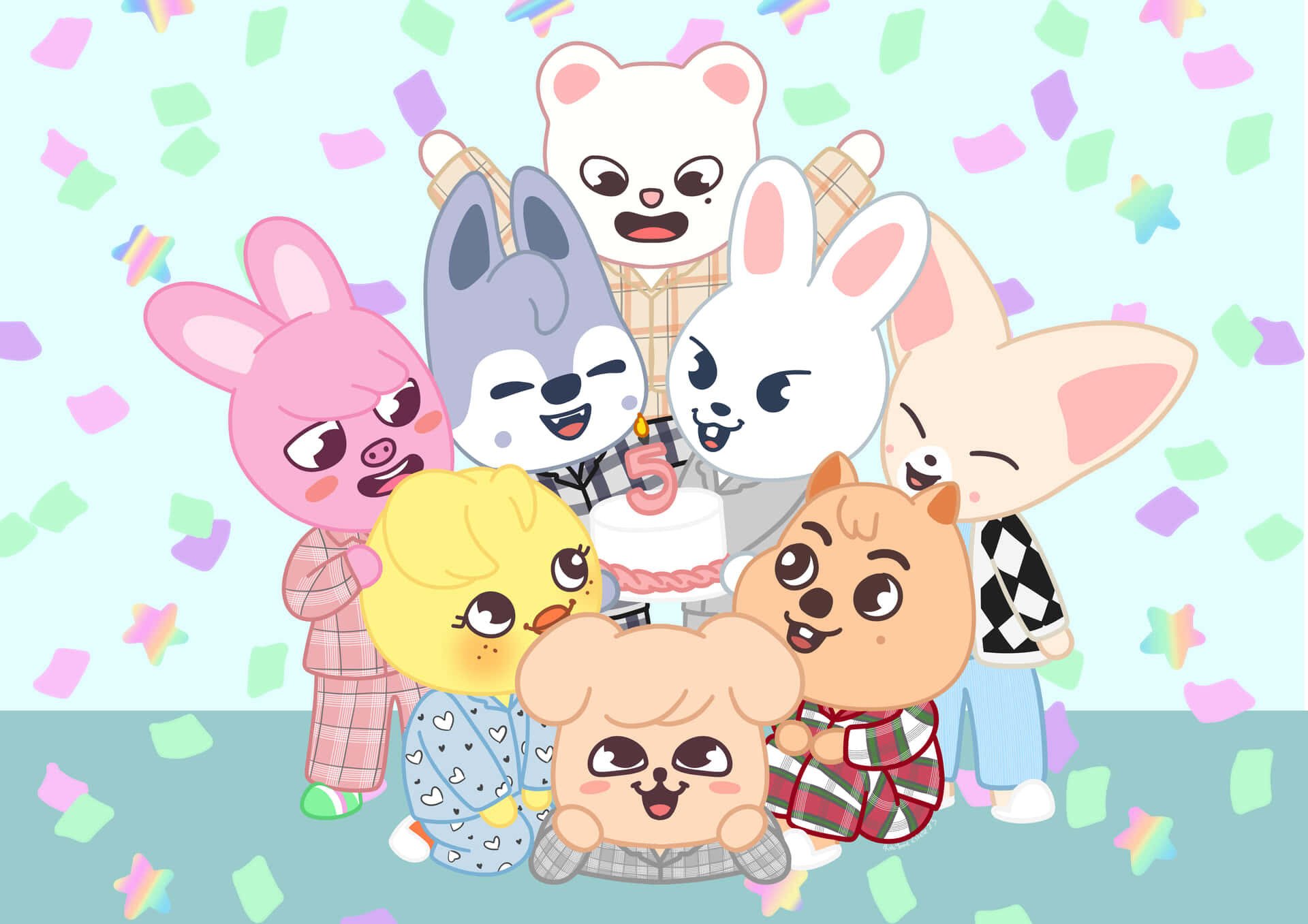 HD PC desktop wallpaper of SKZOO characters, featuring seven colorful, cute animal friends celebrating with confetti against a pastel background.
