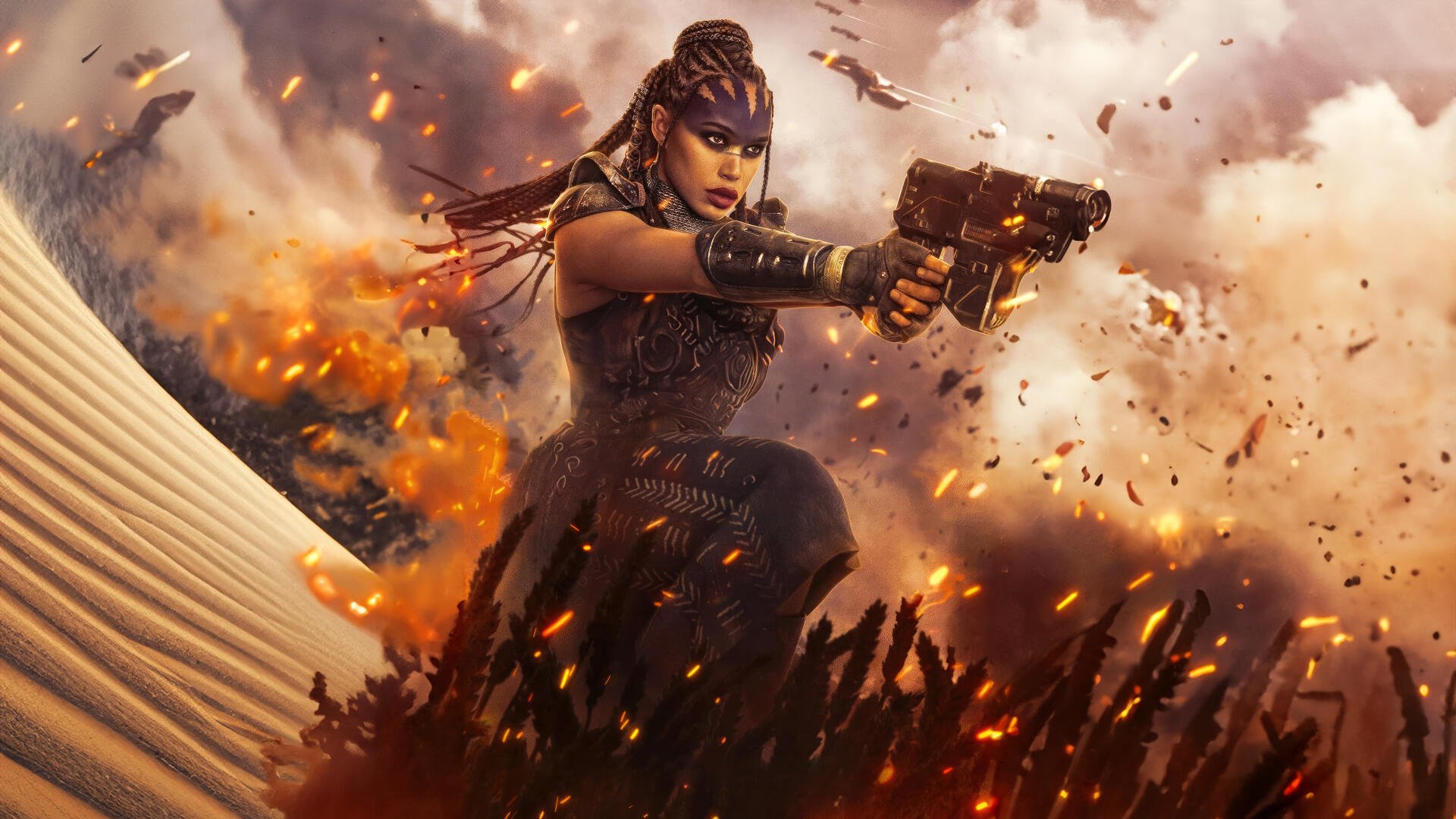 Action-packed 4K Ultra HD PC wallpaper from Rebel Moon - Part Two: The Scargiver, featuring a fierce warrior firing a weapon amid explosive chaos.