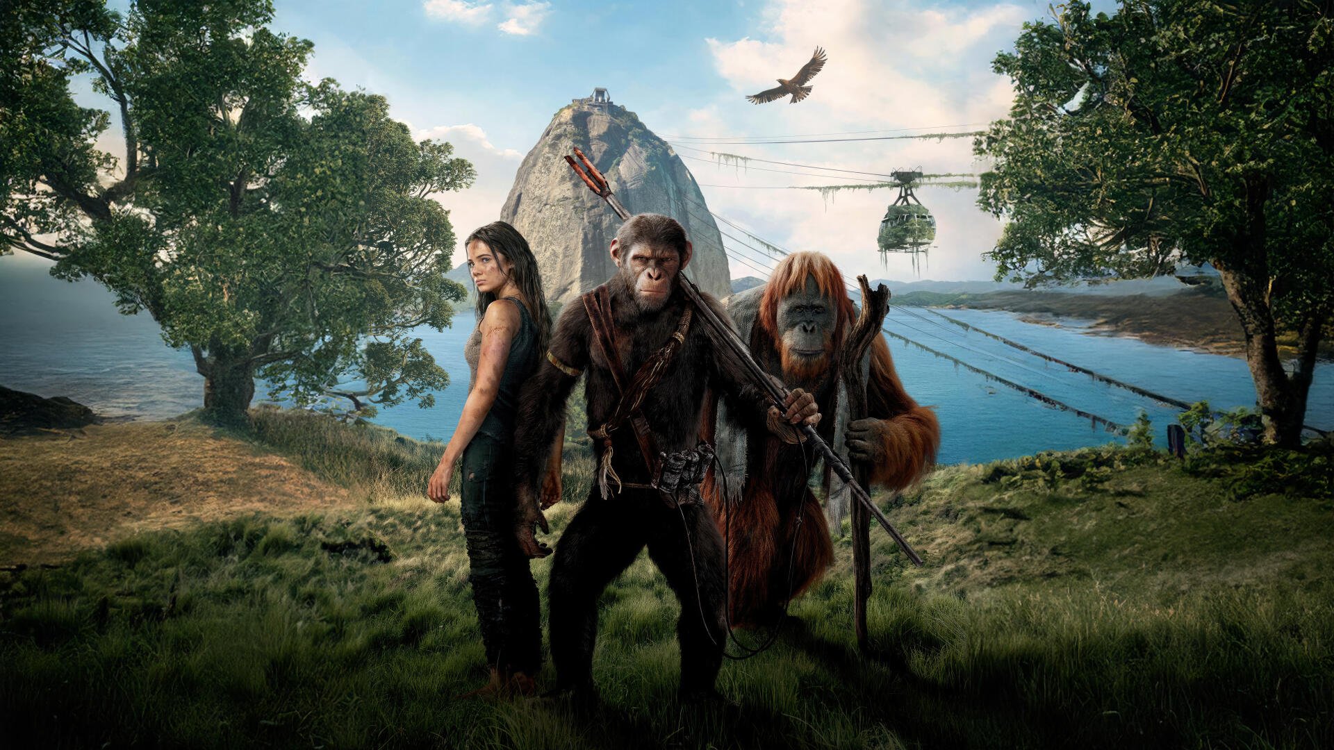 4K Ultra HD PC wallpaper featuring key characters from Kingdom of the Planet of the Apes with a dramatic landscape, including a mountain, helicopter, and soaring bird.