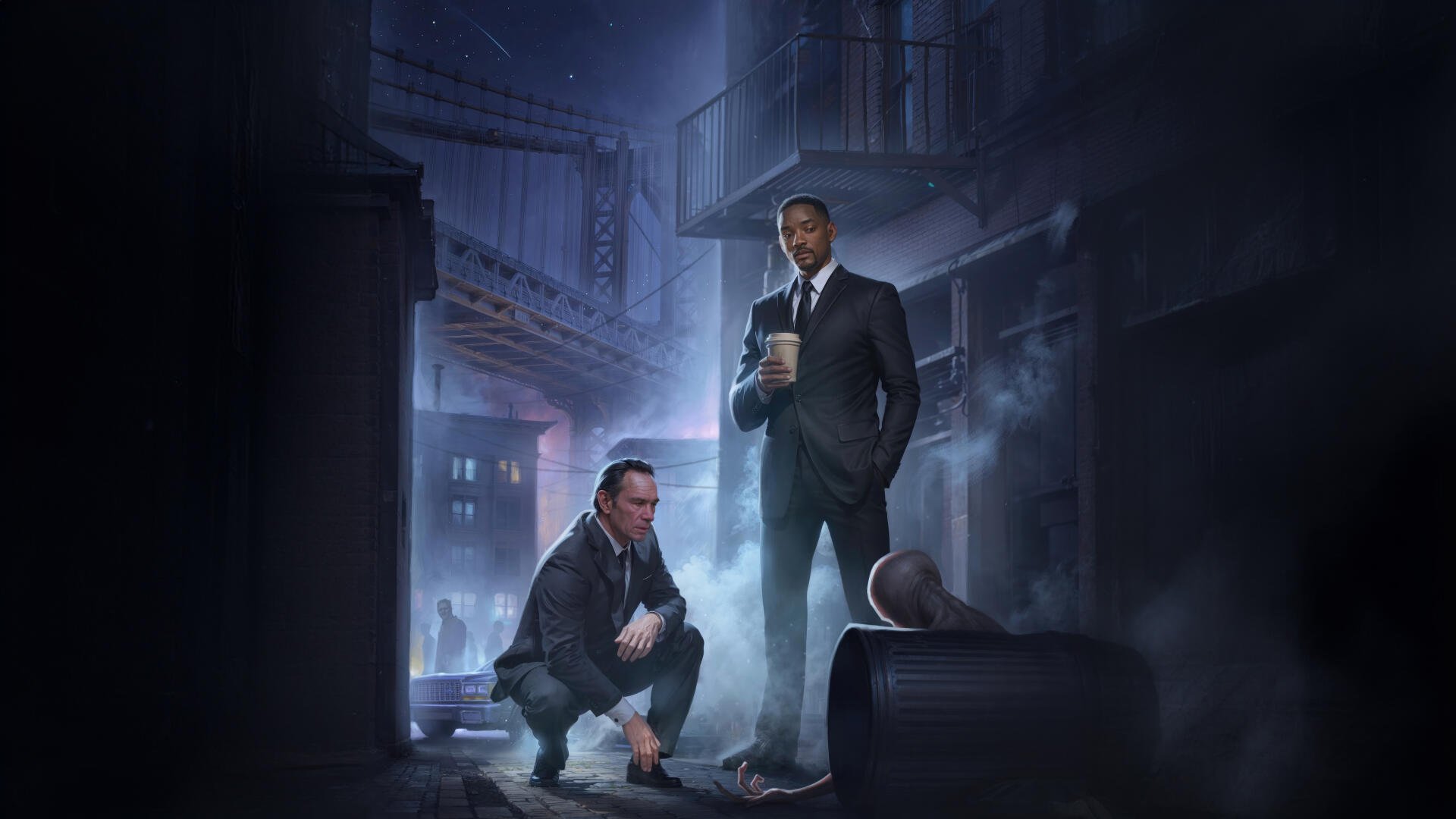 4K Ultra HD Men In Black PC desktop wallpaper featuring two agents in suits standing in a dark, foggy urban alley with a mysterious glowing device.